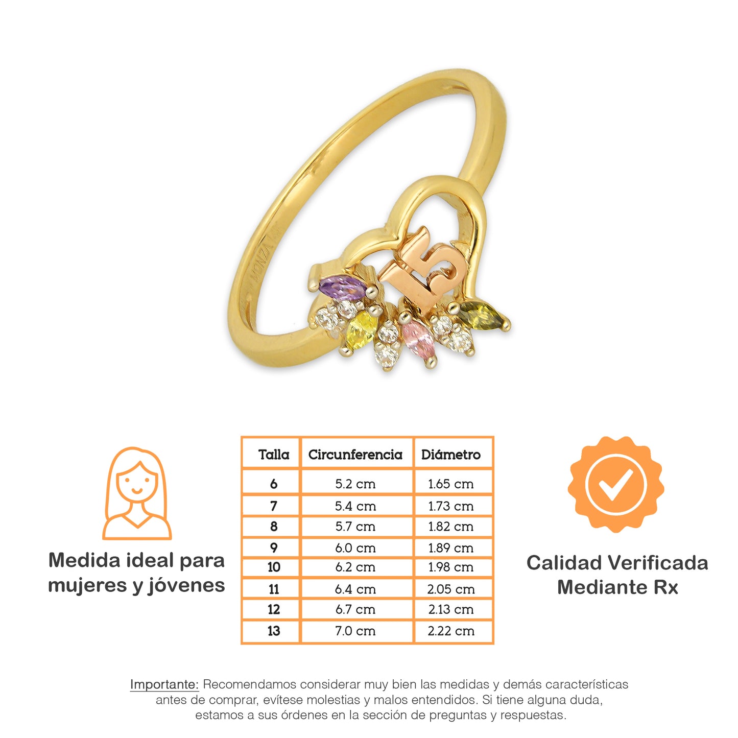 MR14AD054 Anillo Dama Oro Sólido 14K Modelo XV Años Zirconia Semillas