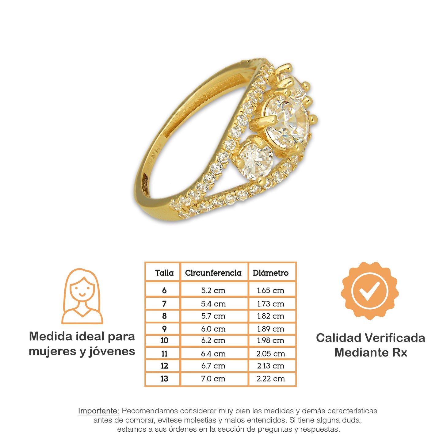 MR14AD056 Anillo Dama Oro Sólido 14K Modelo Solitariio Triada 6 mm Zirconia Principal