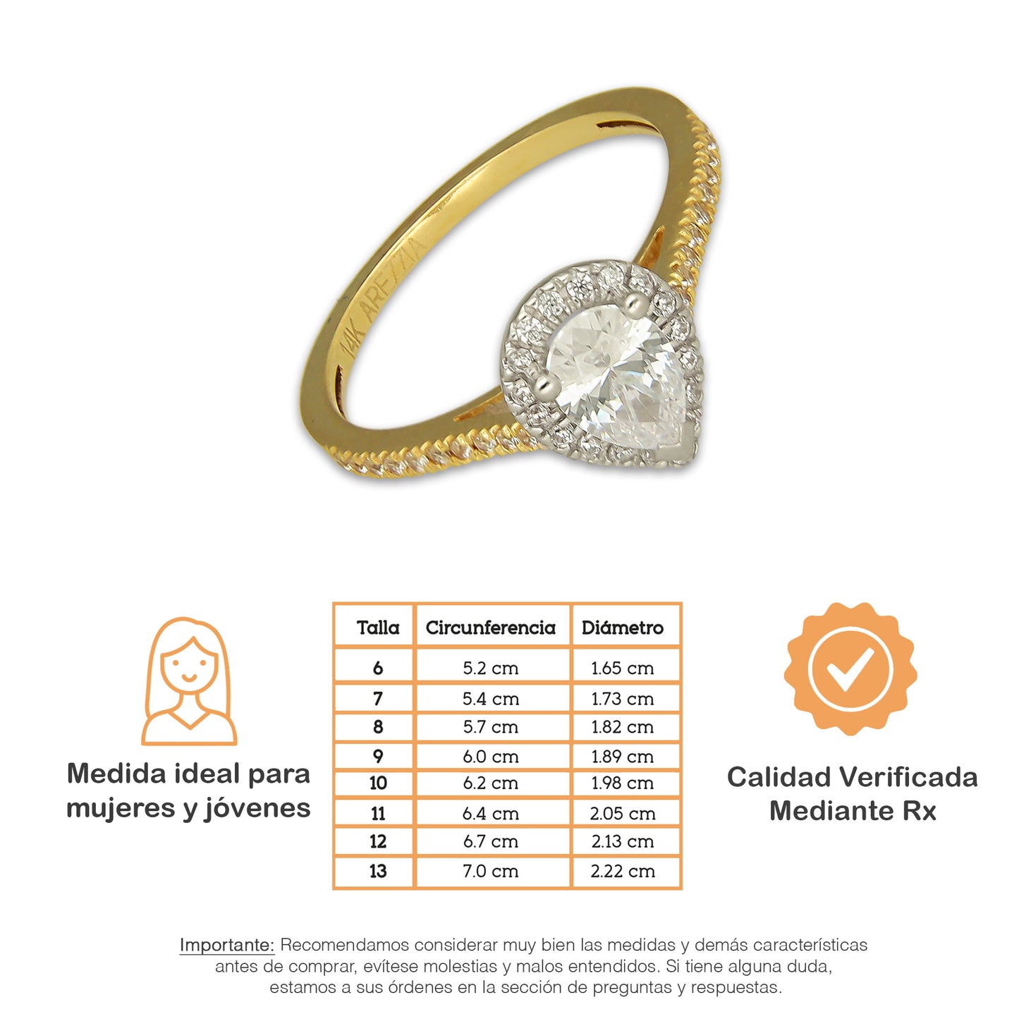 MR14AD057 Anillo Dama Oro Sólido 14K Modelo Solitario Gota 8 mm Zirconia Principal