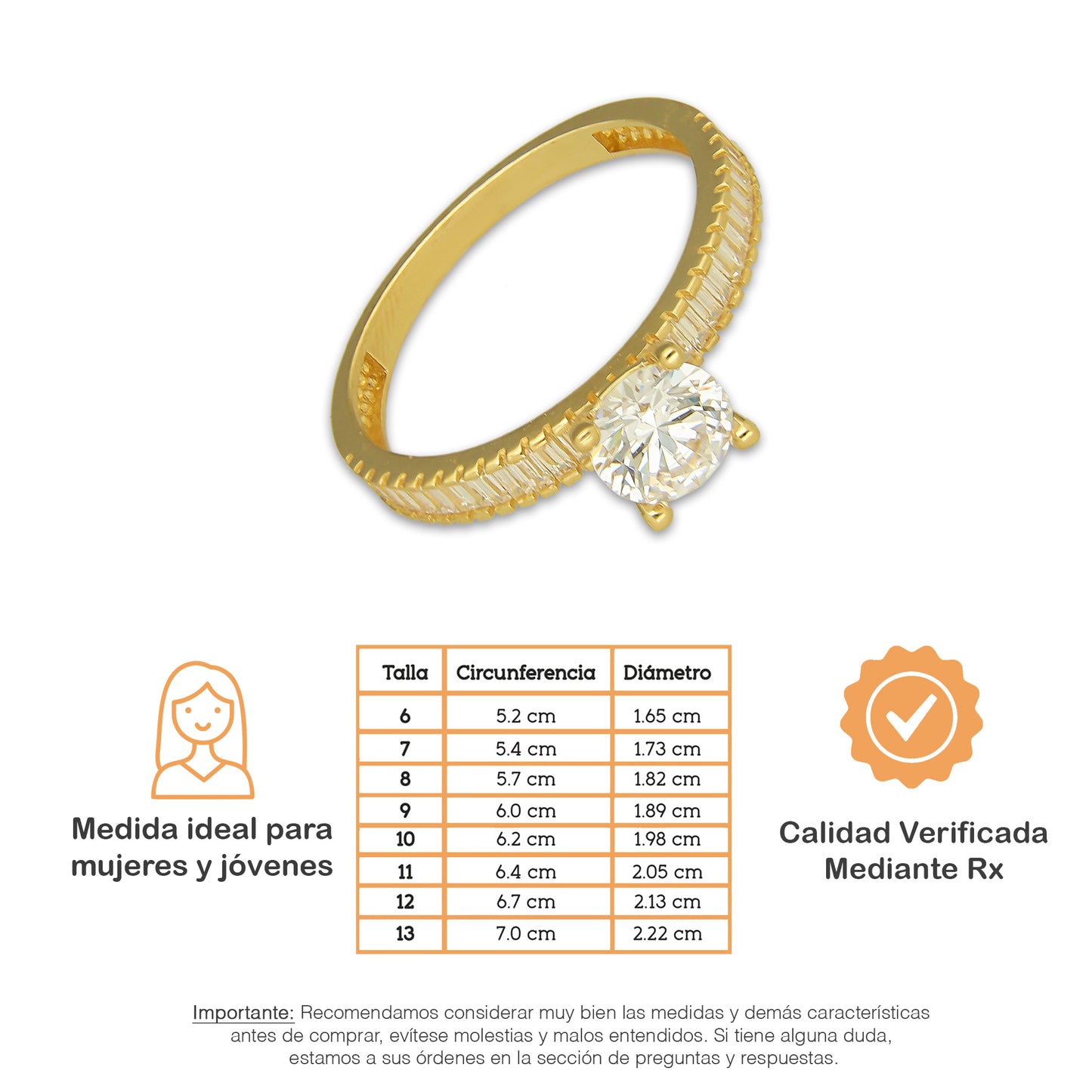 MR14AD058 Anillo Dama Oro Sólido 14K Modelo Solitario Línea Baguettes 6 mm Zirconia Principal