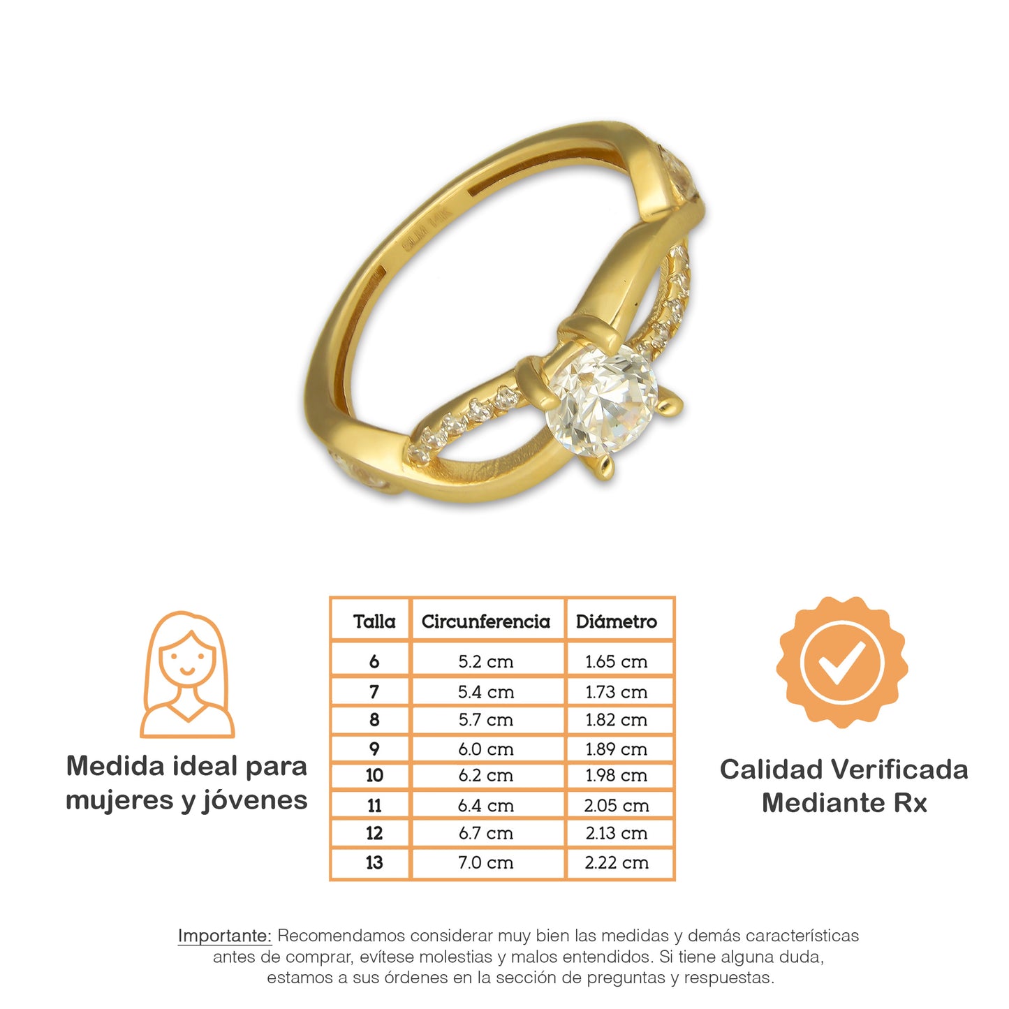 MR14AD061 Anillo Dama Oro Sólido 14K Modelo Solitario Ondas 5 mm Zirconia Principal