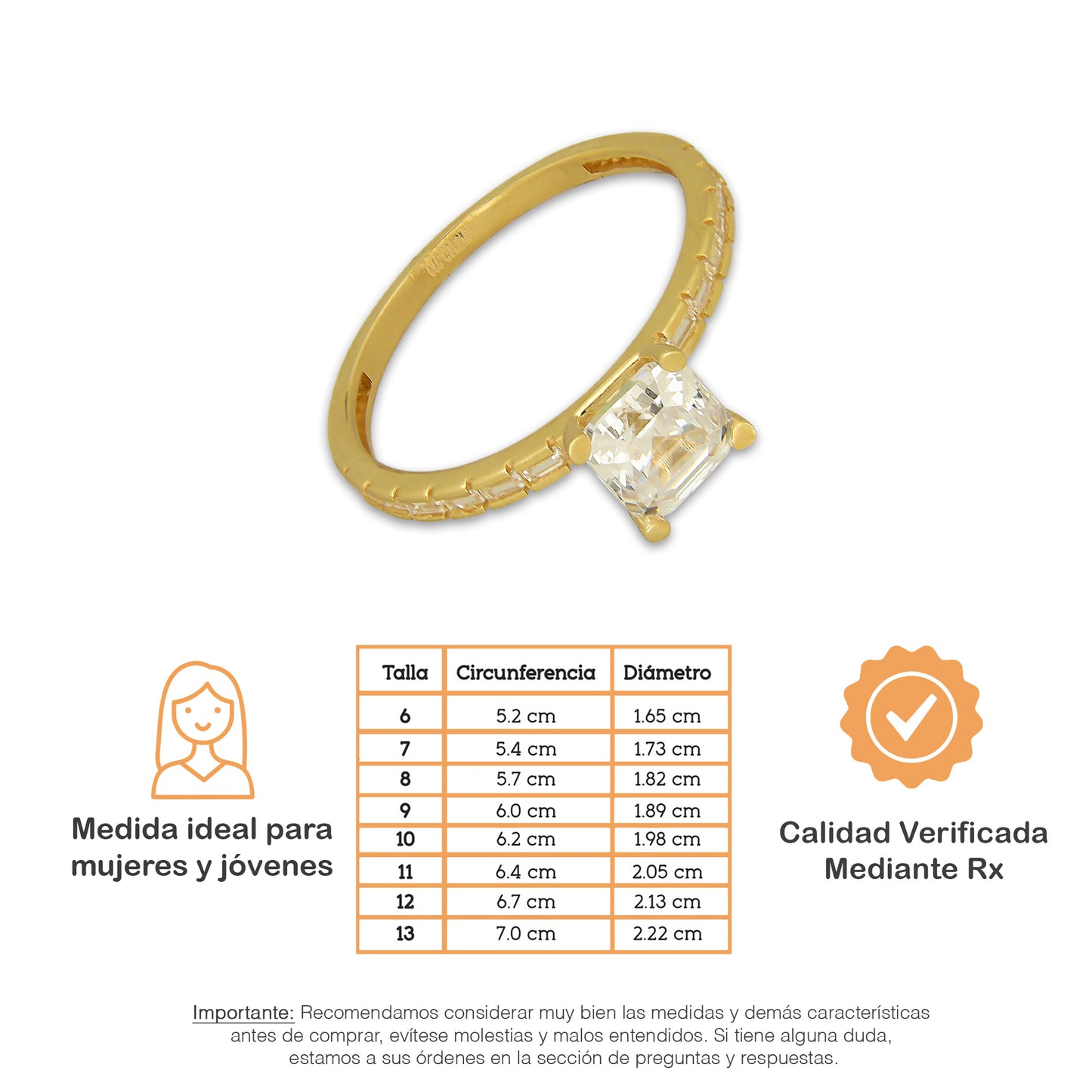 MR14AD062 Anillo Dama Oro Sólido 14K Modelo Solitario Baguettes Horizontal Zirconia Cuadrada 6 mm