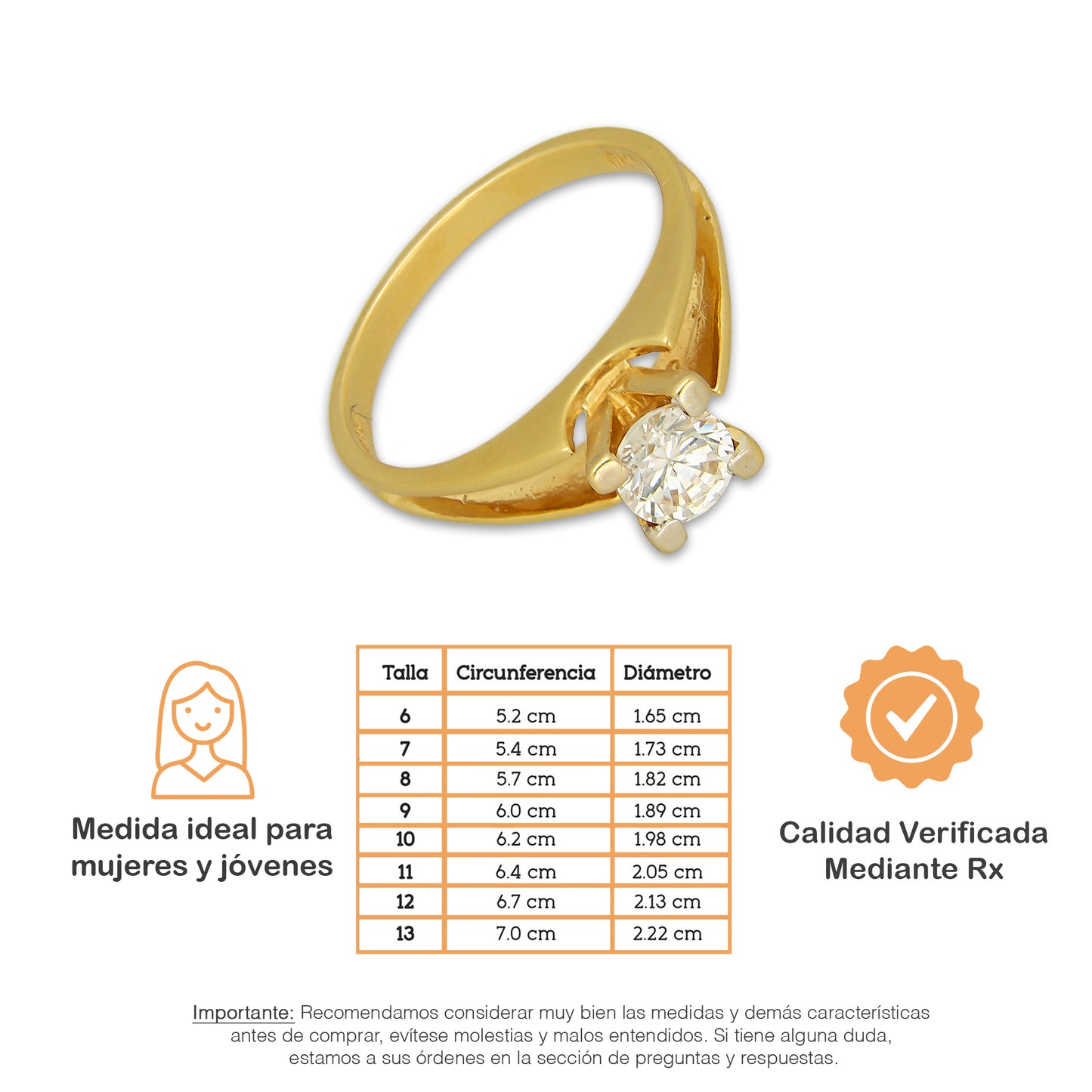 MR14AD063 Anillo Dama Oro Sólido 14K Modelo Solitario Peaks 5 mm Zirconia Principal