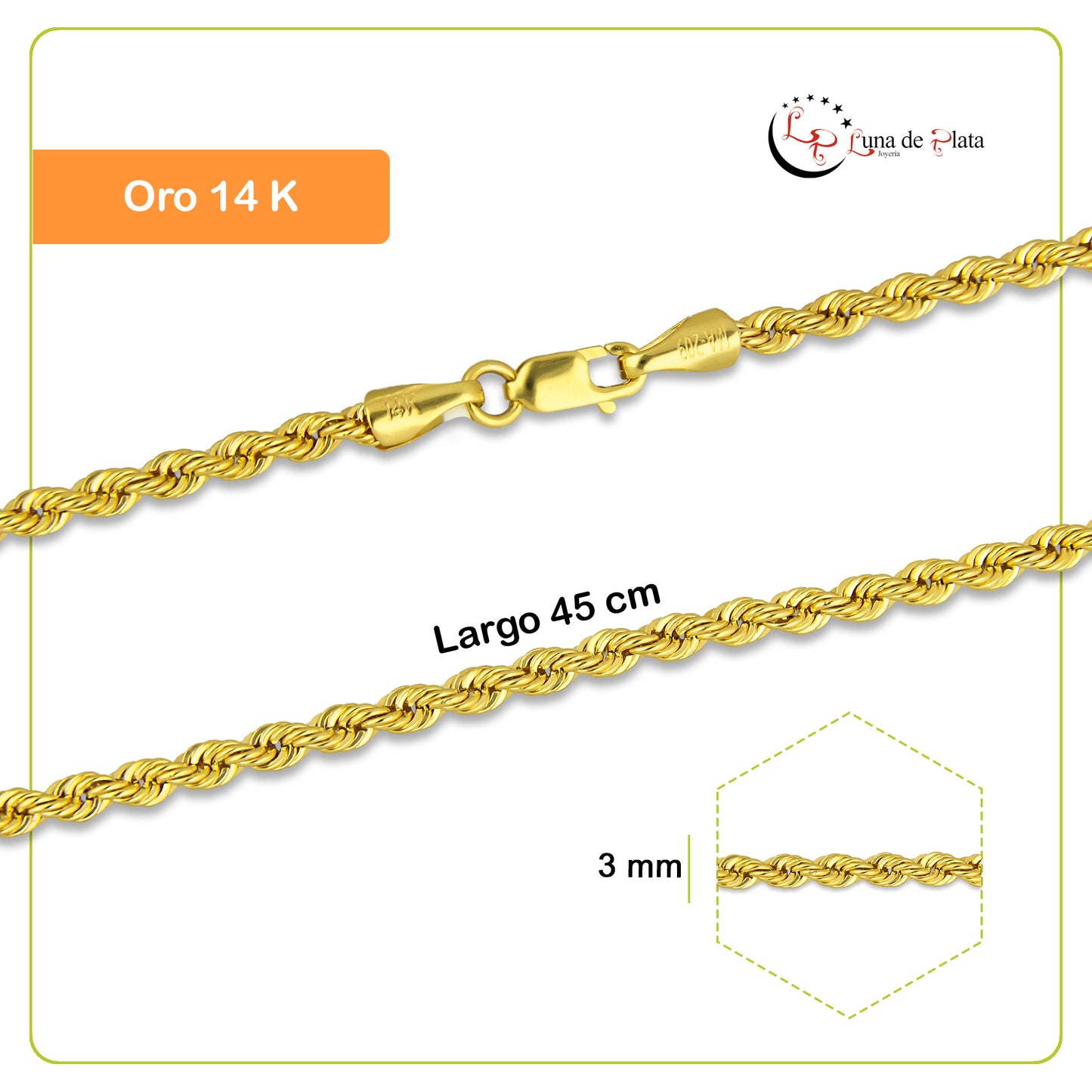 MR14CU022-45 Cadena Oro Sólido 14K EMF14 Modelo Torsal Lisa 3 mm x 45 cm