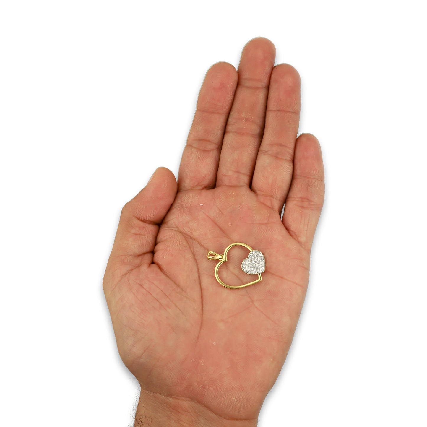 MR14DJ064 Dije Oro Sólido 14K Corazón Liso con Corazón Pequeño Pavé 2.2 cm x 2.7 cm