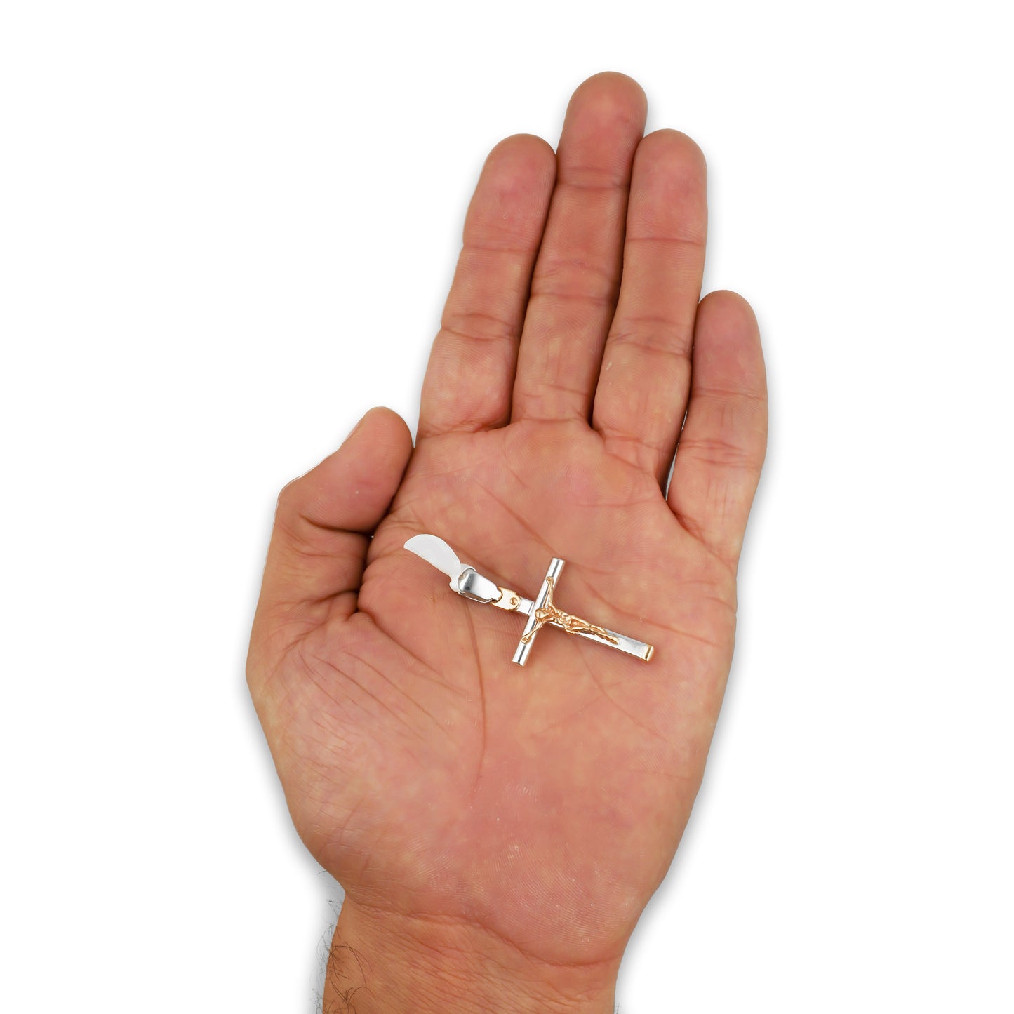 MR14DJ074 Dije Oro Sólido 14K EM14 Crucifijo Tubular Liso 2.2 cm x 4 cm