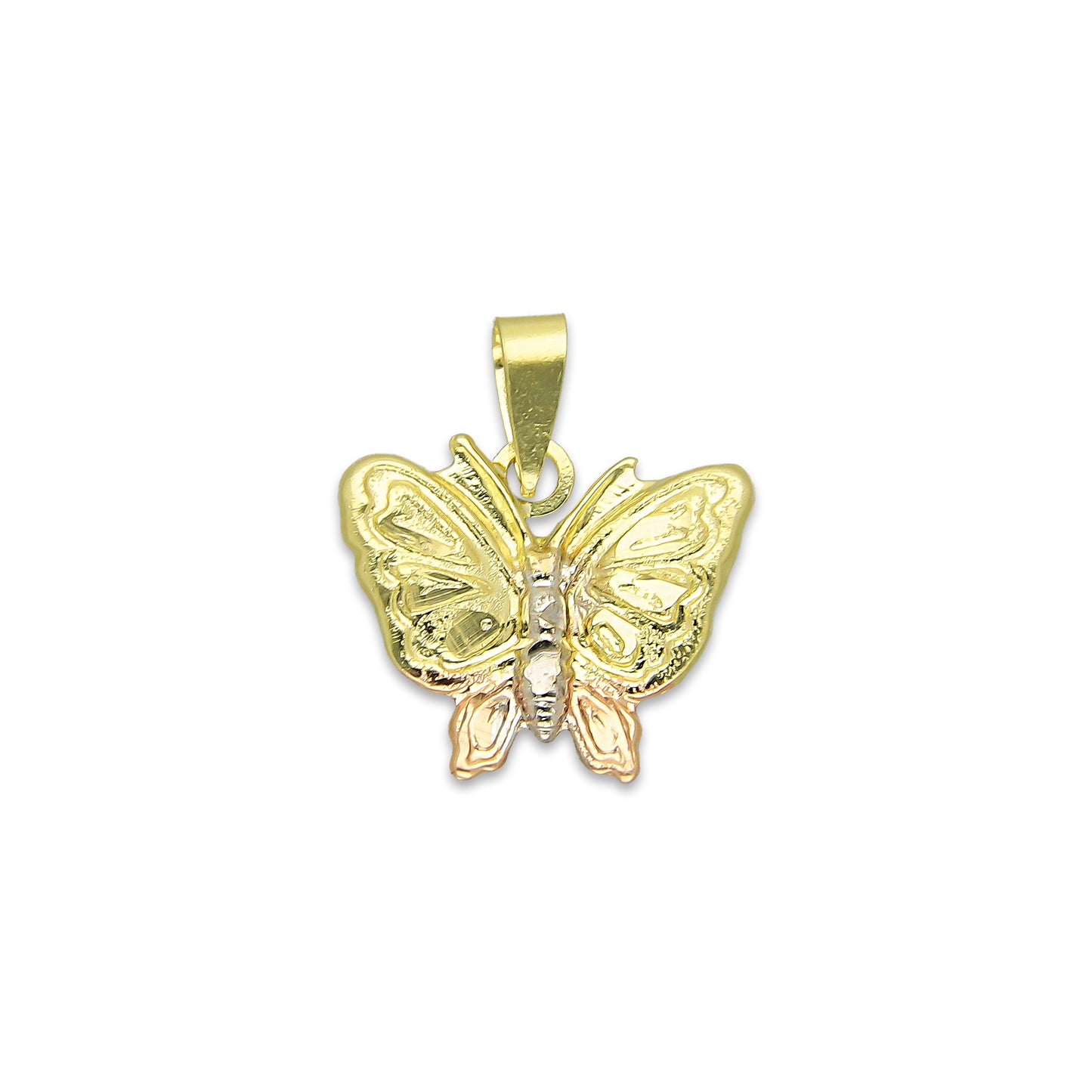 MR14DJ116 Dije Oro Sólido 14K Mariposa Troquelada Diamantada Florentino 1.5 cm x 1.7 cm