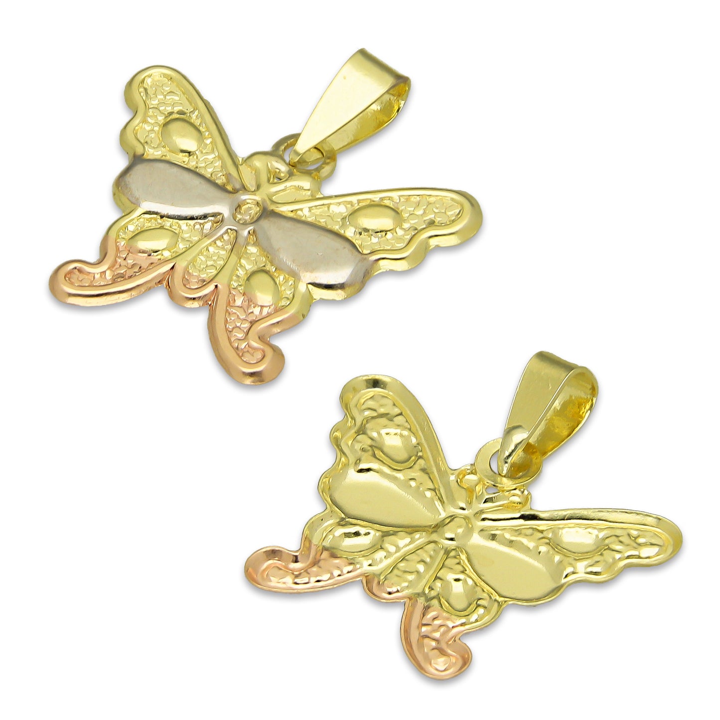 MR14DJ117 Dije Oro Sólido 14K Mariposa Troquelada Diamantada Florentino 1.8 cm x 2 cm