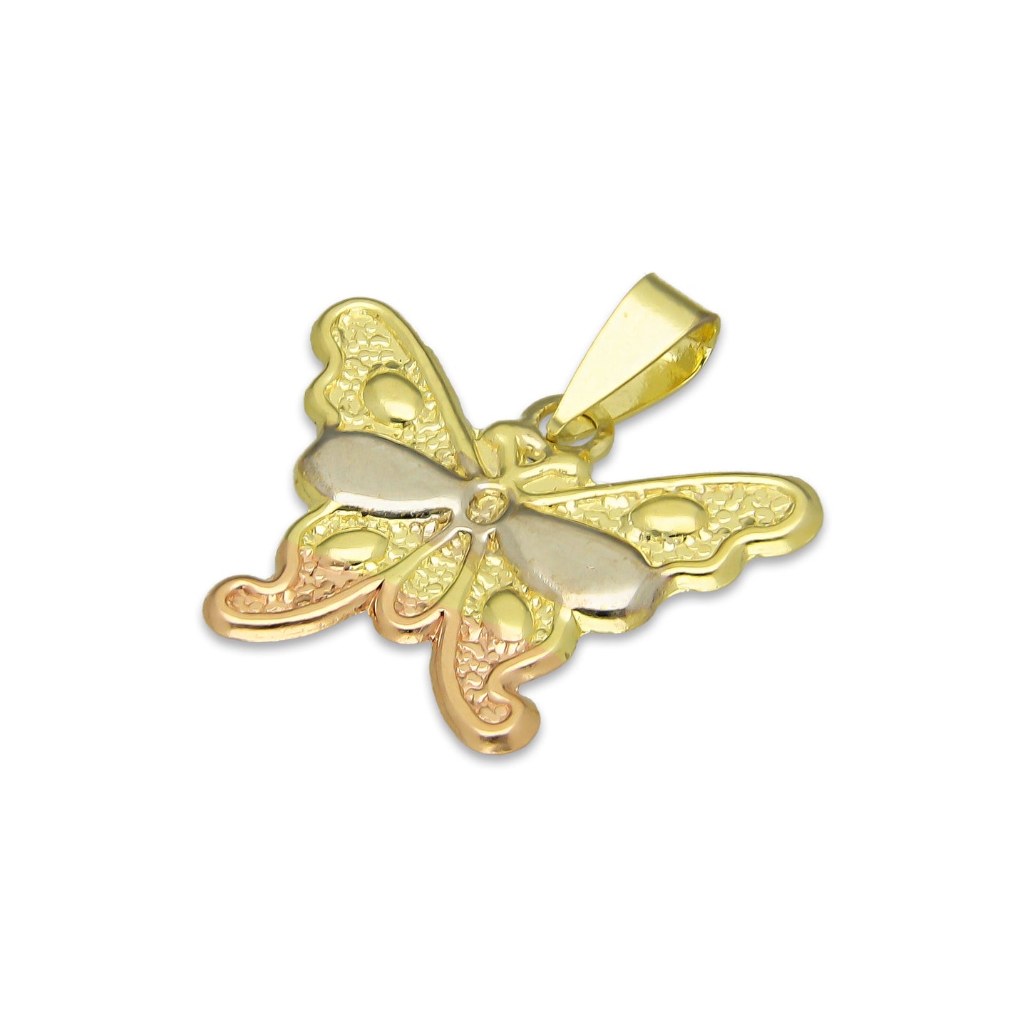 MR14DJ117 Dije Oro Sólido 14K Mariposa Troquelada Diamantada Florentino 1.8 cm x 2 cm