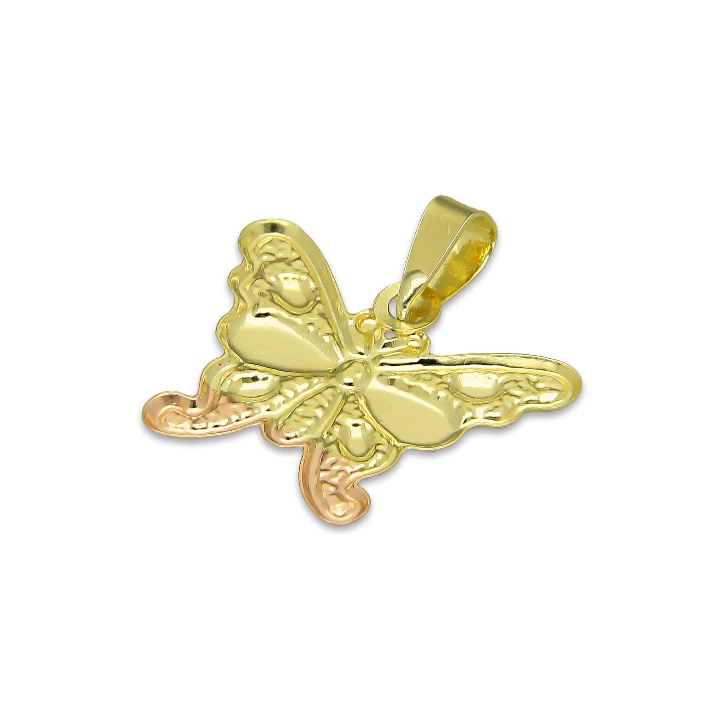 MR14DJ117 Dije Oro Sólido 14K Mariposa Troquelada Diamantada Florentino 1.8 cm x 2 cm