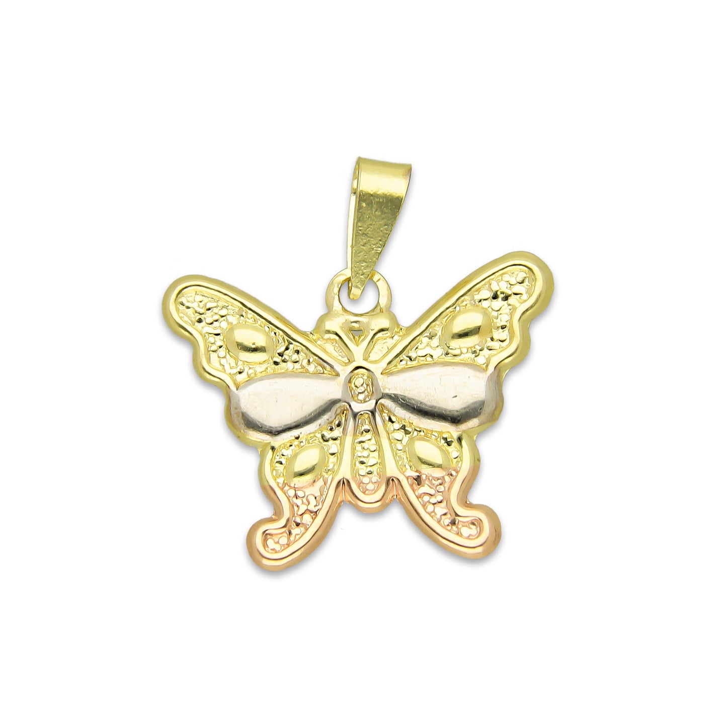 MR14DJ117 Dije Oro Sólido 14K Mariposa Troquelada Diamantada Florentino 1.8 cm x 2 cm