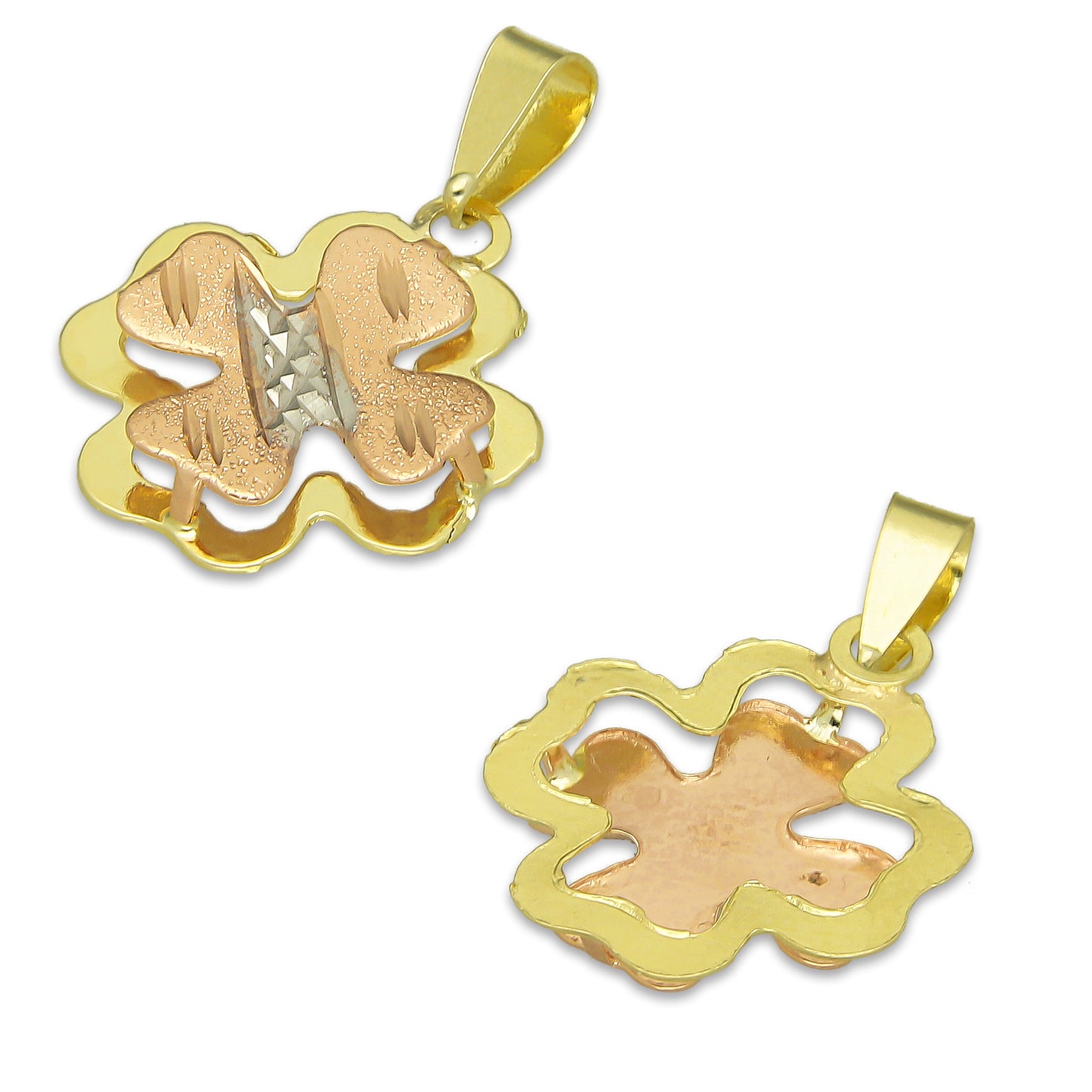 MR14DJ118 Dije Oro Sólido 14K Trébol 4 Hojas Troquelado Diamantado Florentino 1.3 cm x 2.2 cm