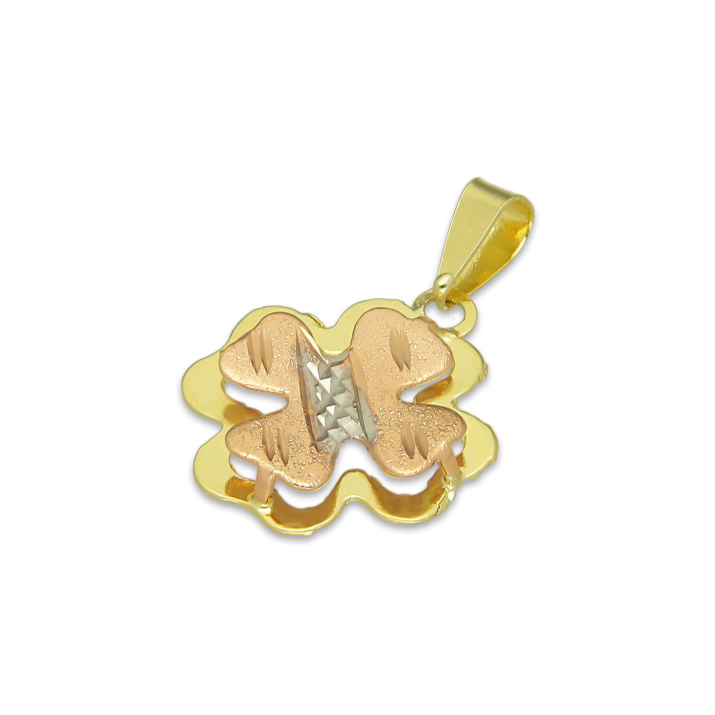 MR14DJ118 Dije Oro Sólido 14K Trébol 4 Hojas Troquelado Diamantado Florentino 1.3 cm x 2.2 cm