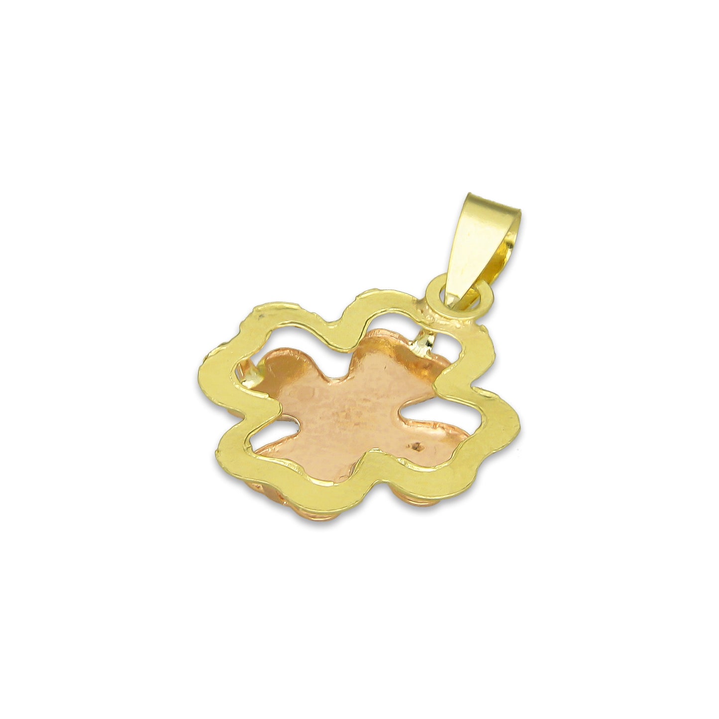 MR14DJ118 Dije Oro Sólido 14K Trébol 4 Hojas Troquelado Diamantado Florentino 1.3 cm x 2.2 cm
