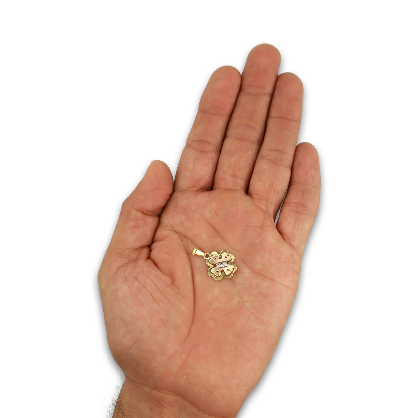 MR14DJ118 Dije Oro Sólido 14K Trébol 4 Hojas Troquelado Diamantado Florentino 1.3 cm x 2.2 cm