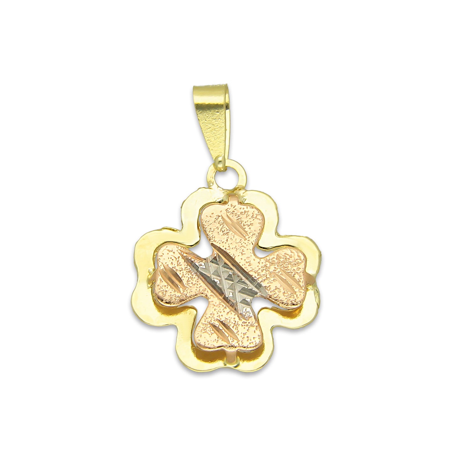 MR14DJ118 Dije Oro Sólido 14K Trébol 4 Hojas Troquelado Diamantado Florentino 1.3 cm x 2.2 cm