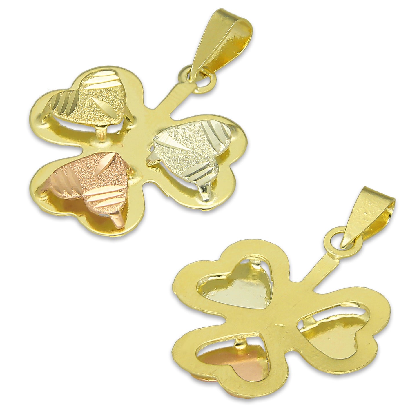 MR14DJ119 Dije Oro Sólido 14K Trébol Troquelado Diamantado Florentino 1.7 cm x 2.3 cm