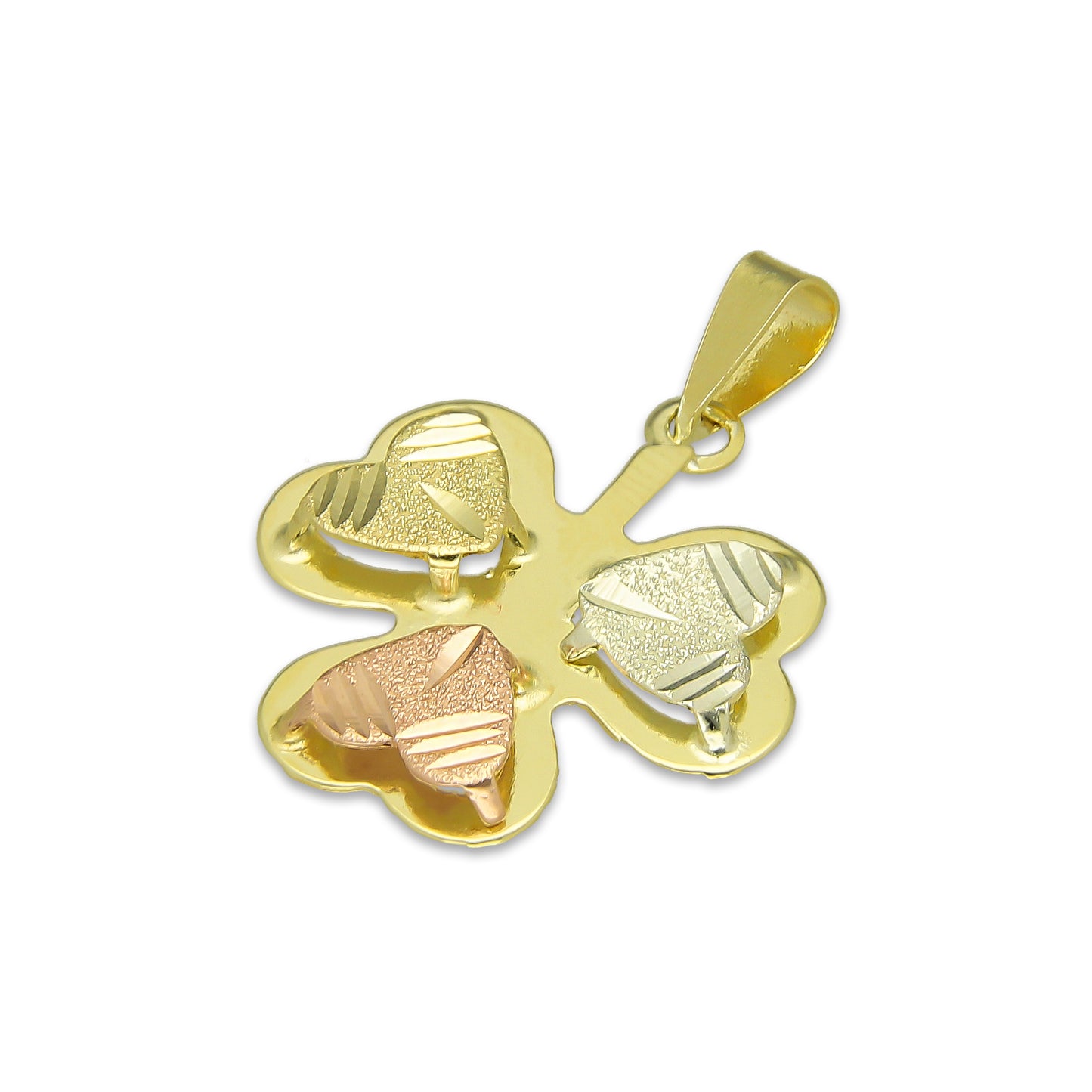 MR14DJ119 Dije Oro Sólido 14K Trébol Troquelado Diamantado Florentino 1.7 cm x 2.3 cm