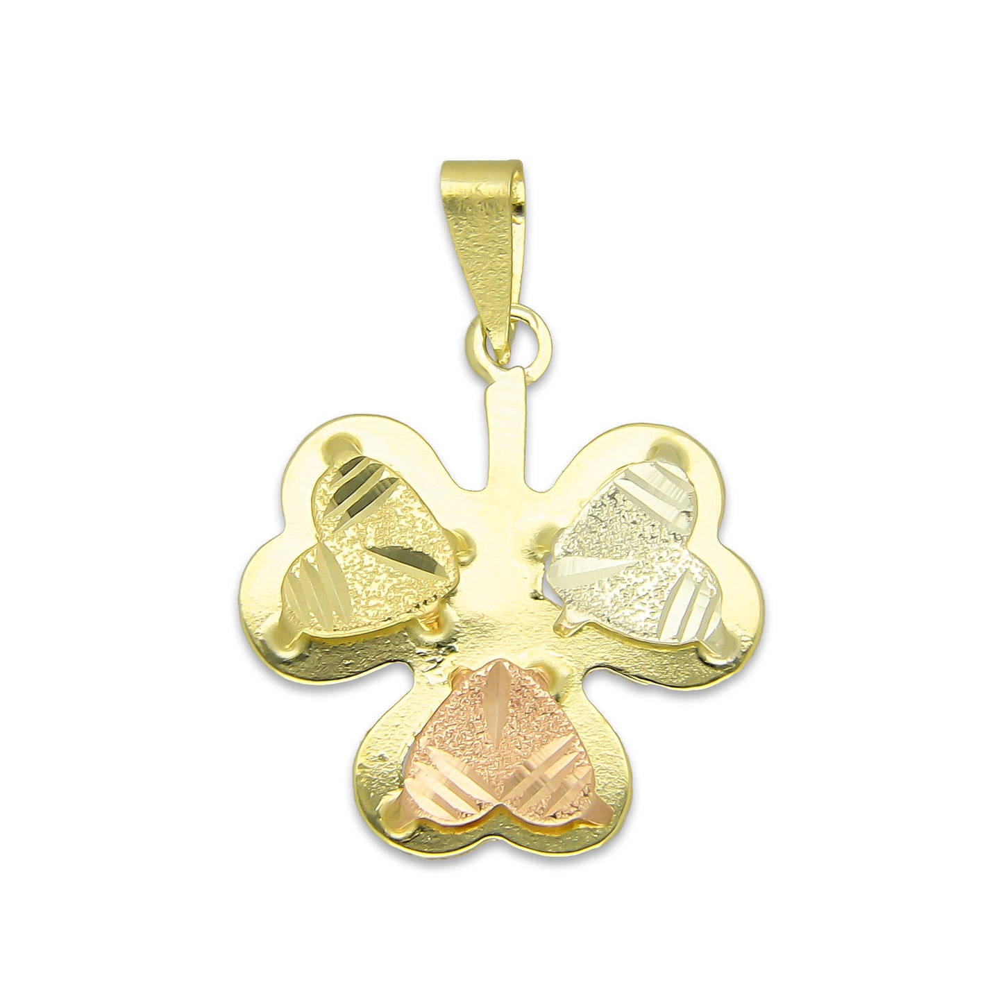 MR14DJ119 Dije Oro Sólido 14K Trébol Troquelado Diamantado Florentino 1.7 cm x 2.3 cm