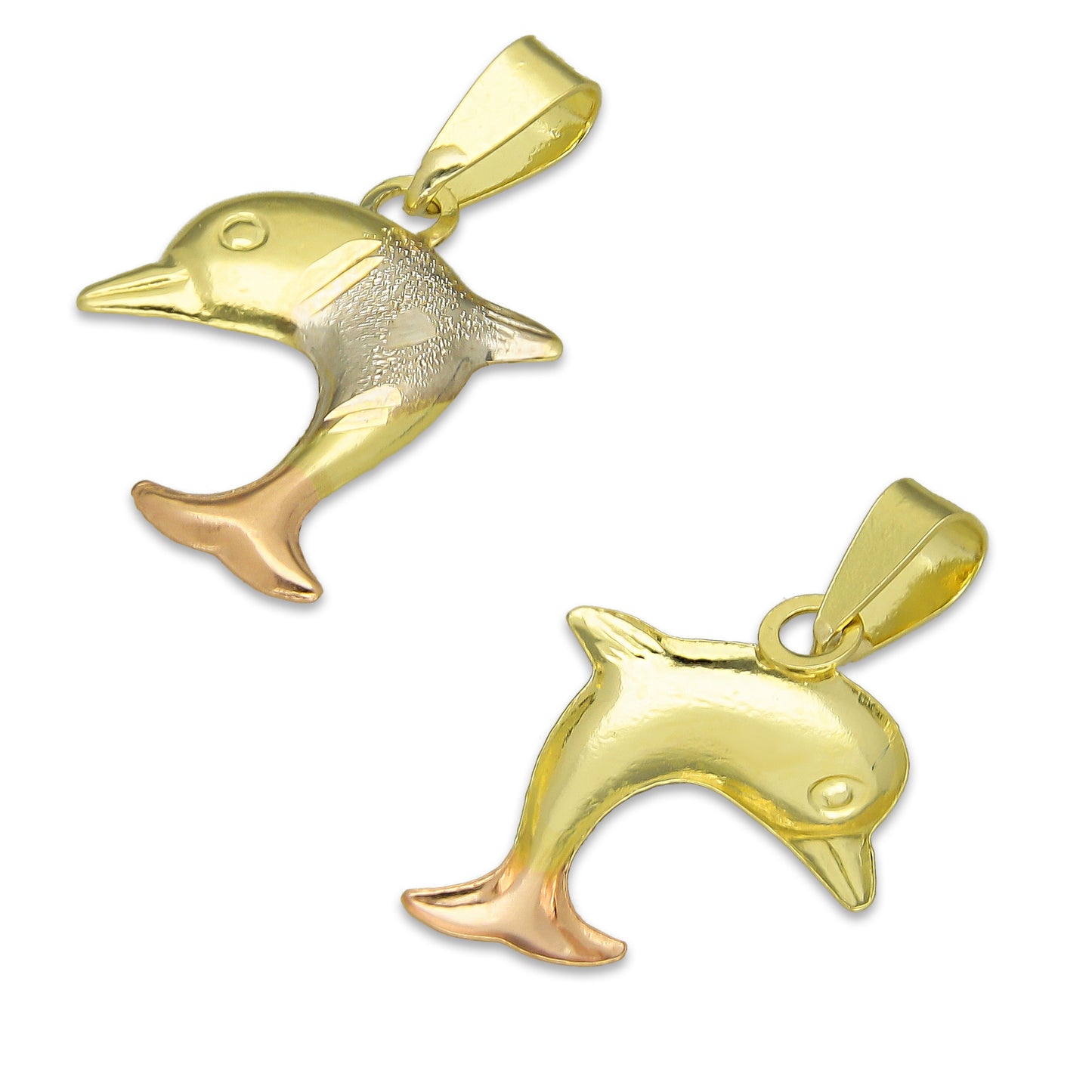 MR14DJ120 Dije Oro Sólido 14K Delfin Individual Troquelado Diamantado Florentino 1.3 cm x 2.1 cm