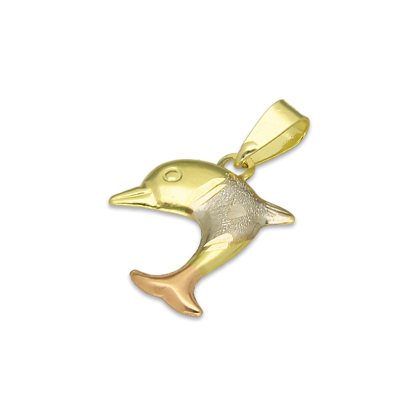 MR14DJ120 Dije Oro Sólido 14K Delfin Individual Troquelado Diamantado Florentino 1.3 cm x 2.1 cm