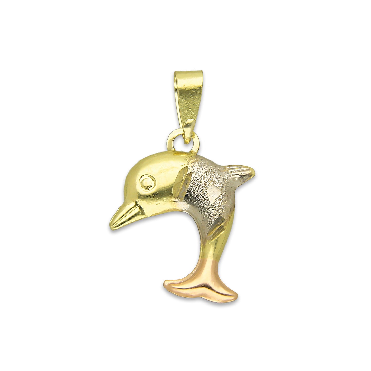 MR14DJ120 Dije Oro Sólido 14K Delfin Individual Troquelado Diamantado Florentino 1.3 cm x 2.1 cm