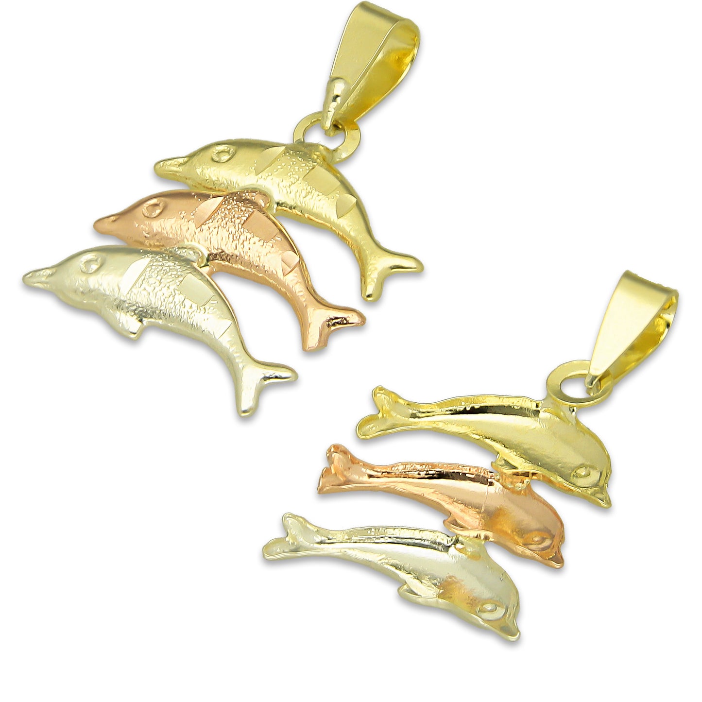 MR14DJ121 Dije Oro Sólido 14K Delfin Triada Troquelado Diamantado Florentino 1.3 cm x 2.3 cm