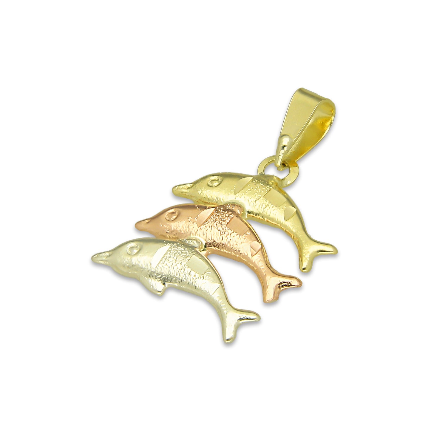 MR14DJ121 Dije Oro Sólido 14K Delfin Triada Troquelado Diamantado Florentino 1.3 cm x 2.3 cm