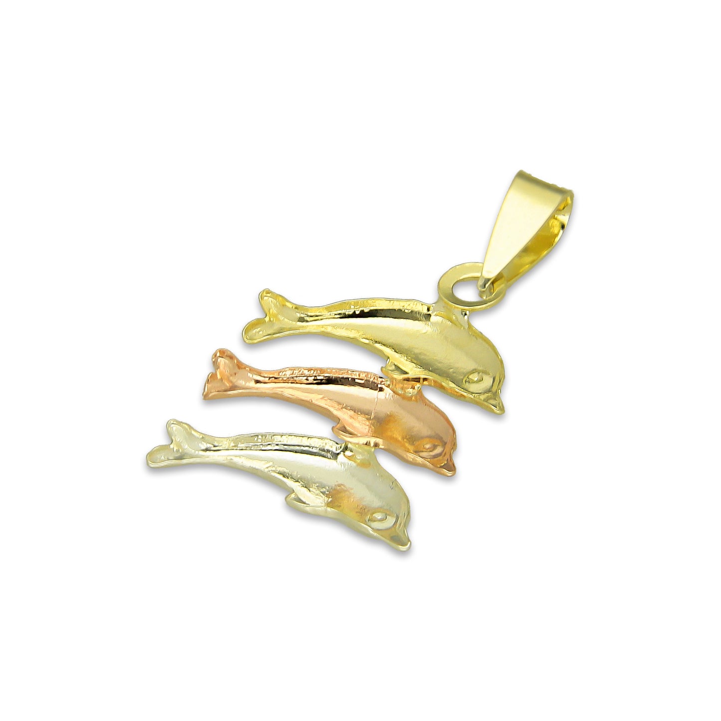 MR14DJ121 Dije Oro Sólido 14K Delfin Triada Troquelado Diamantado Florentino 1.3 cm x 2.3 cm