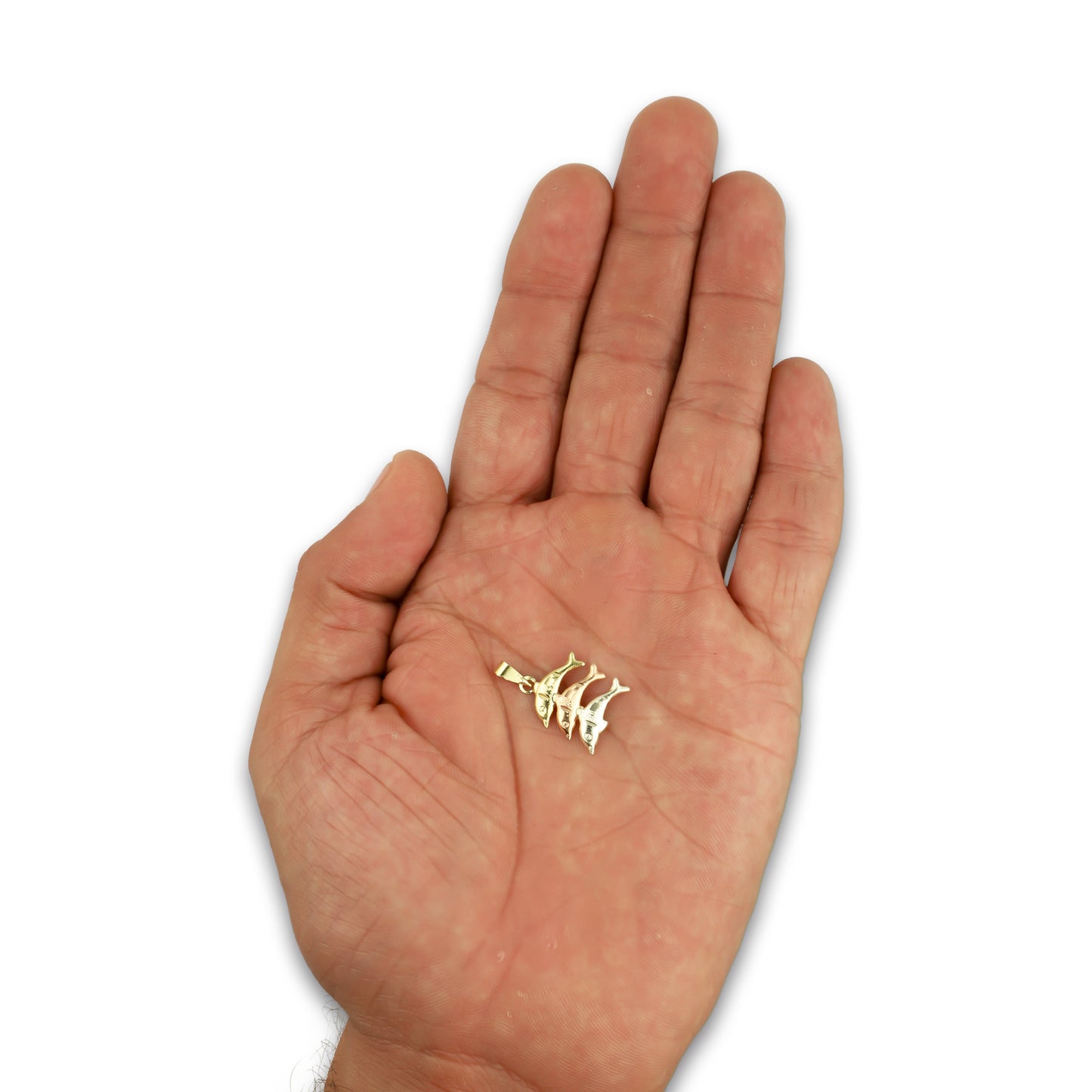MR14DJ121 Dije Oro Sólido 14K Delfin Triada Troquelado Diamantado Florentino 1.3 cm x 2.3 cm