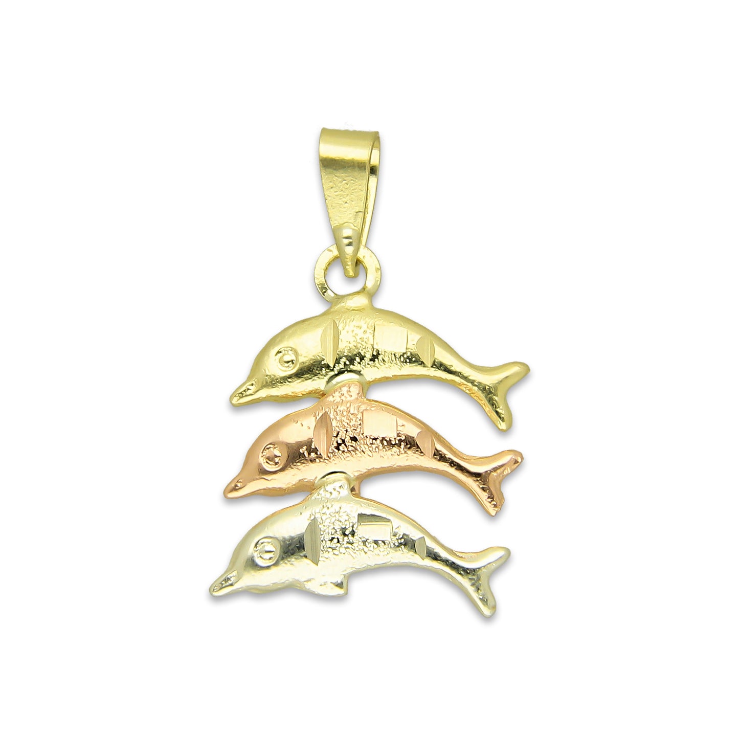 MR14DJ121 Dije Oro Sólido 14K Delfin Triada Troquelado Diamantado Florentino 1.3 cm x 2.3 cm