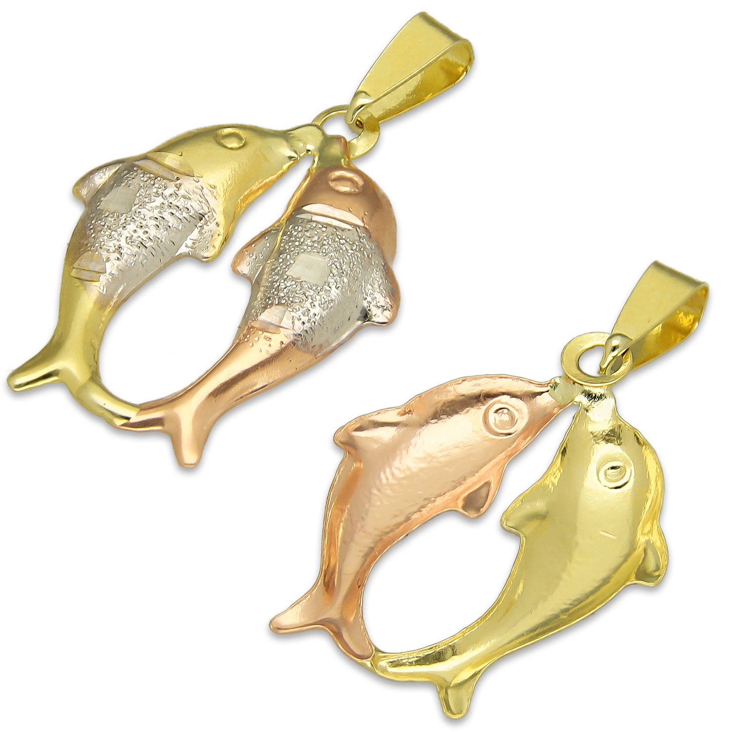 MR14DJ122 Dije Oro Sólido 14K Pareja Delfines Troquelado Diamantado Florentino 1.6 cm x 2.6 cm