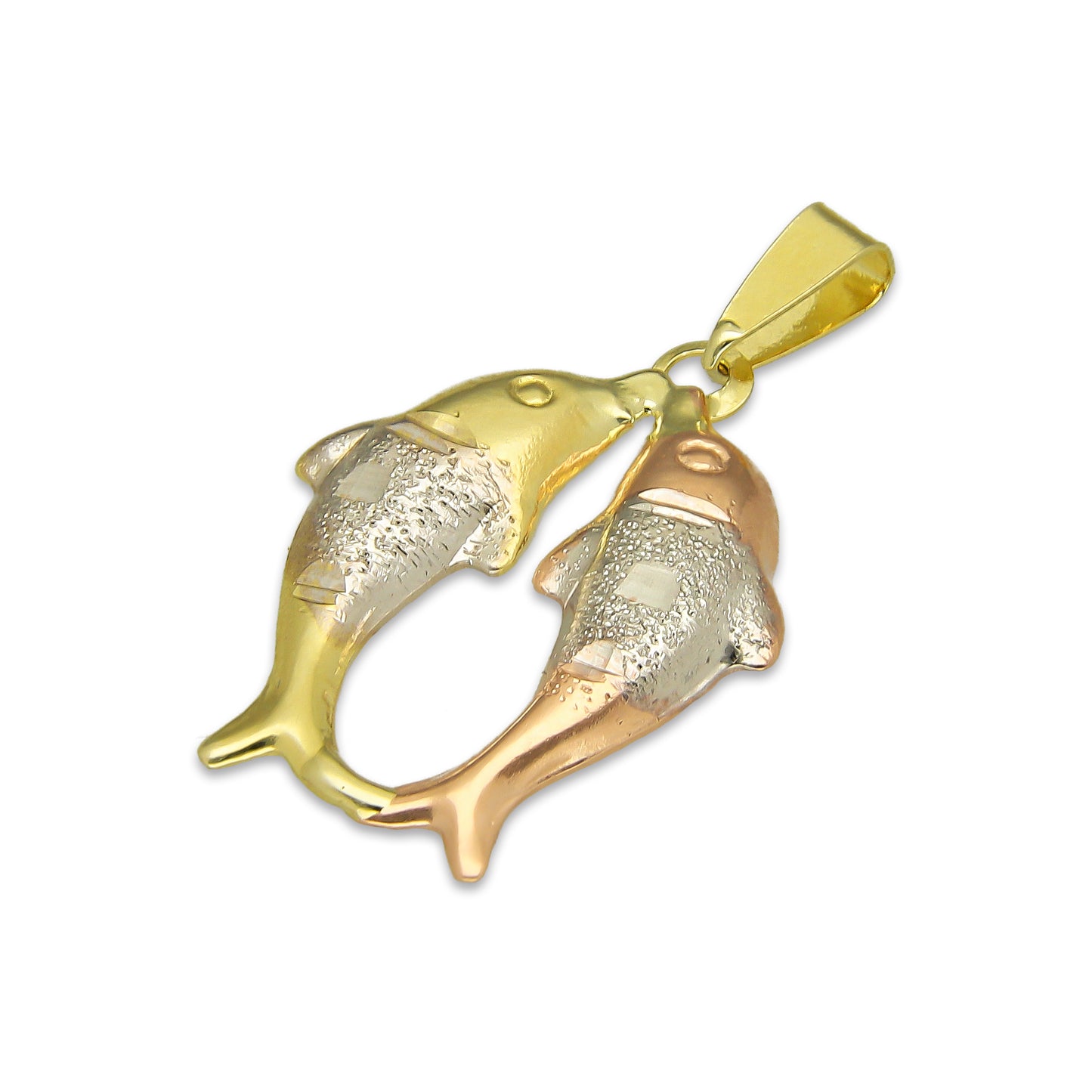 MR14DJ122 Dije Oro Sólido 14K Pareja Delfines Troquelado Diamantado Florentino 1.6 cm x 2.6 cm