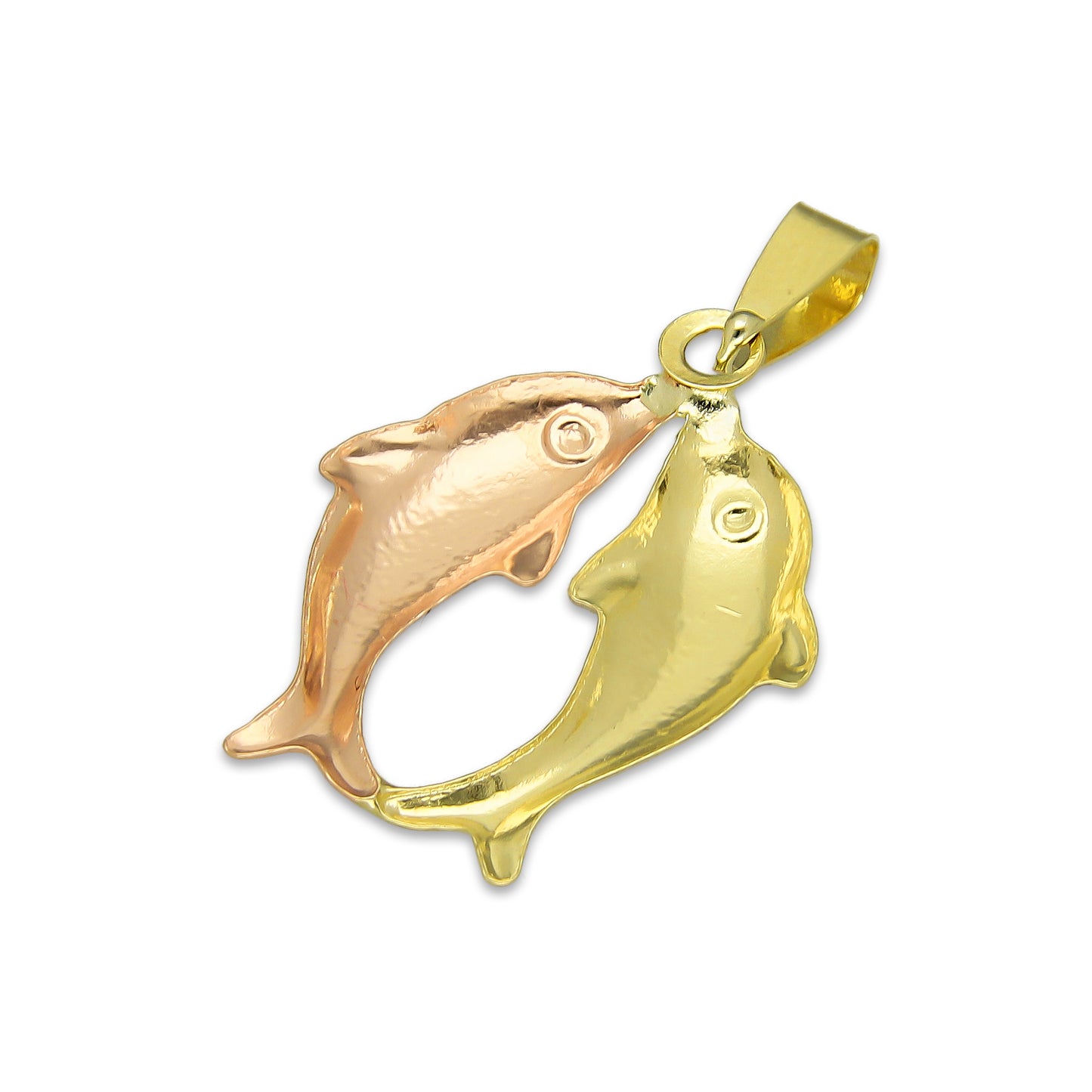 MR14DJ122 Dije Oro Sólido 14K Pareja Delfines Troquelado Diamantado Florentino 1.6 cm x 2.6 cm