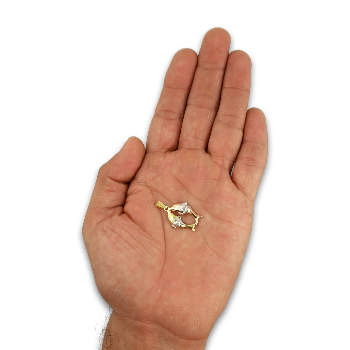 MR14DJ122 Dije Oro Sólido 14K Pareja Delfines Troquelado Diamantado Florentino 1.6 cm x 2.6 cm