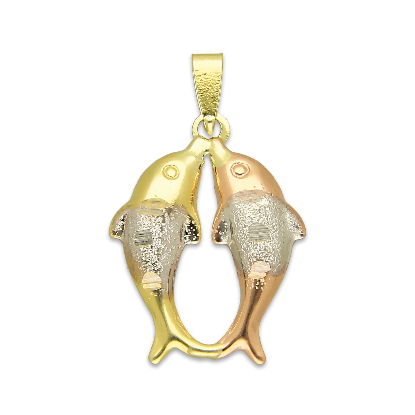 MR14DJ122 Dije Oro Sólido 14K Pareja Delfines Troquelado Diamantado Florentino 1.6 cm x 2.6 cm