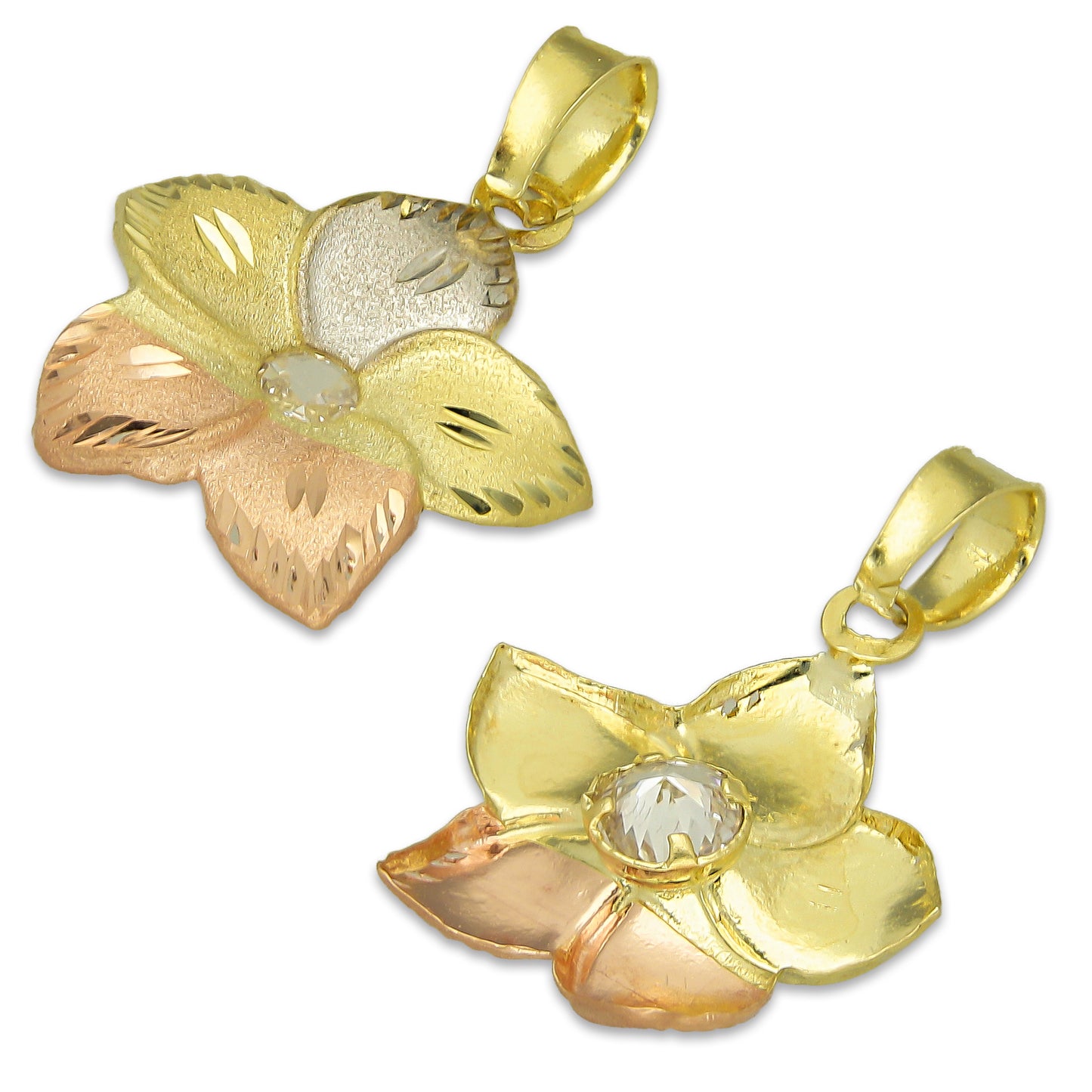 MR14DJ124 Dije Oro Sólido 14K Flor Maui Troquelada Diamantada Florentino 1.6 cm x 2.3 cm