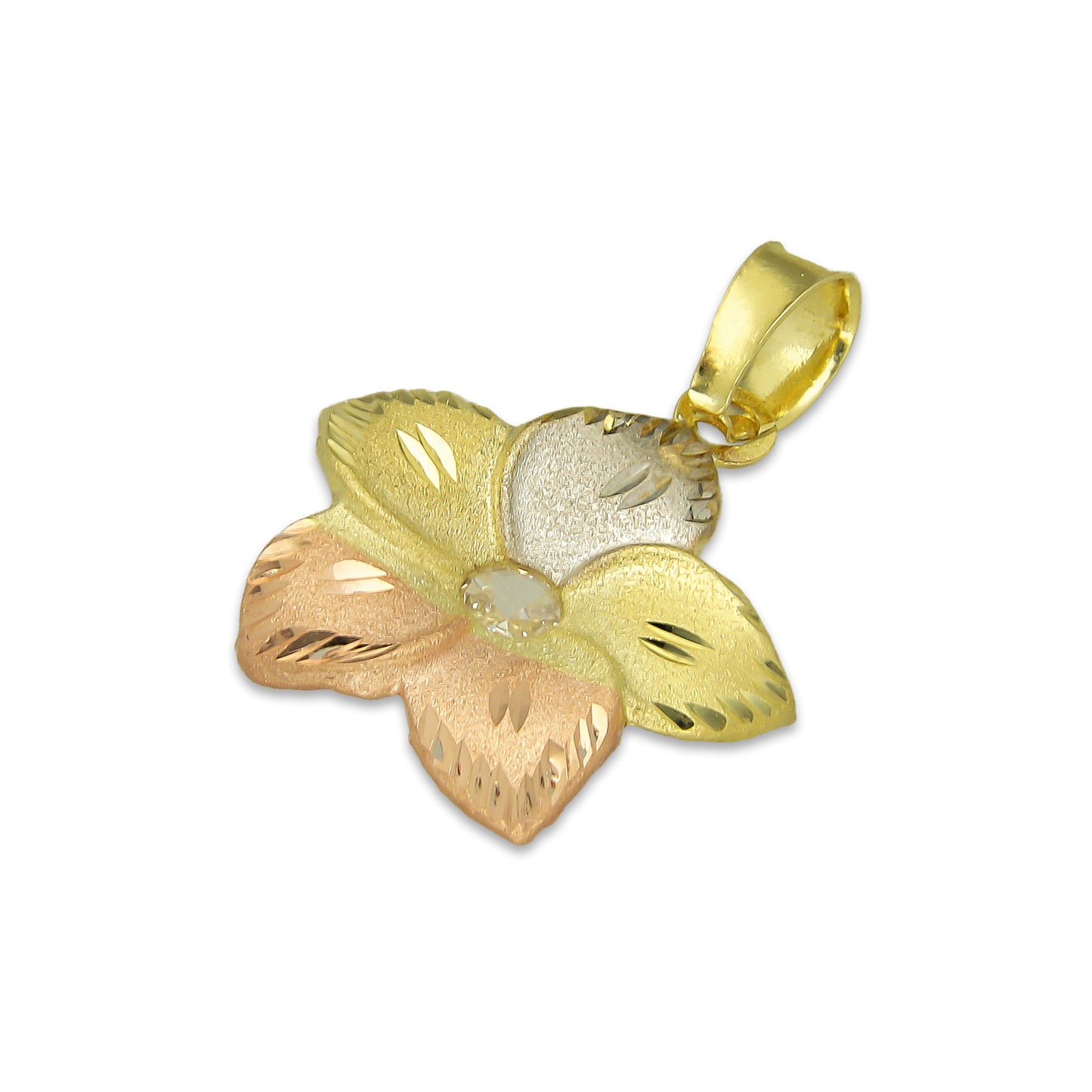 MR14DJ124 Dije Oro Sólido 14K Flor Maui Troquelada Diamantada Florentino 1.6 cm x 2.3 cm