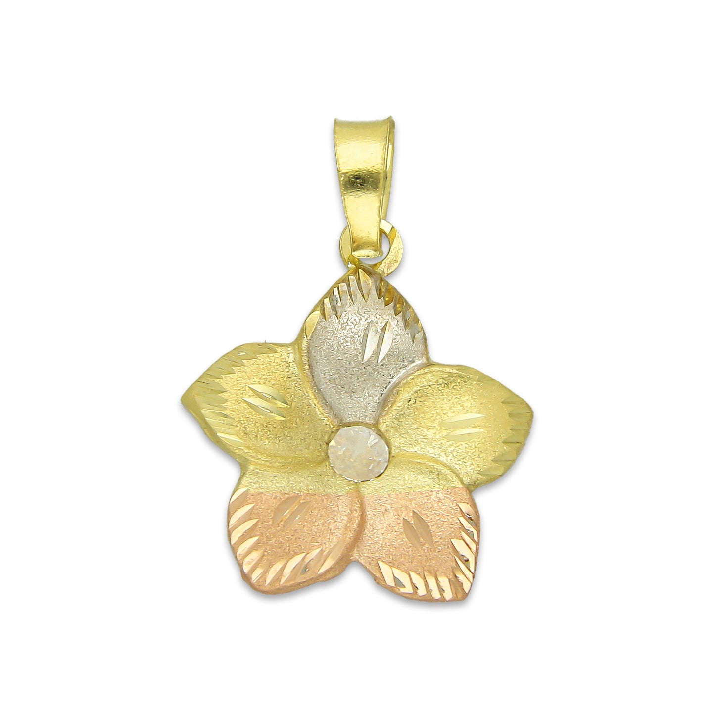 MR14DJ124 Dije Oro Sólido 14K Flor Maui Troquelada Diamantada Florentino 1.6 cm x 2.3 cm