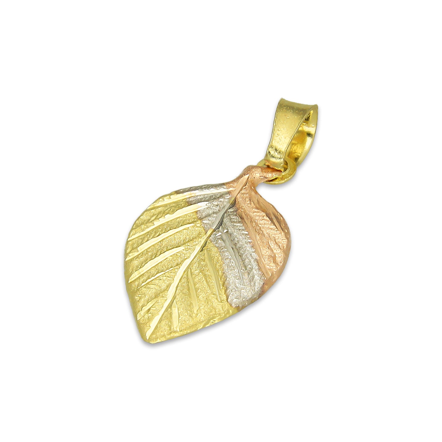 MR14DJ125 Dije Oro Sólido 14K Hoja Troquelada Diamantada Florentino 1.2 cm x 2.4 cm