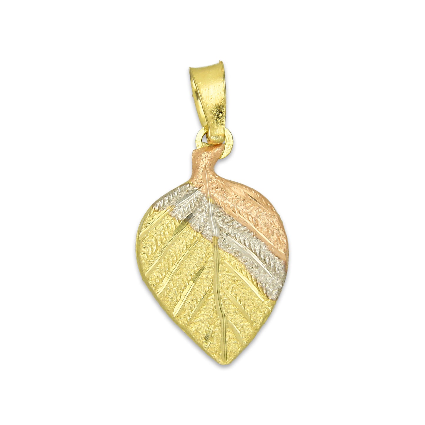 MR14DJ125 Dije Oro Sólido 14K Hoja Troquelada Diamantada Florentino 1.2 cm x 2.4 cm