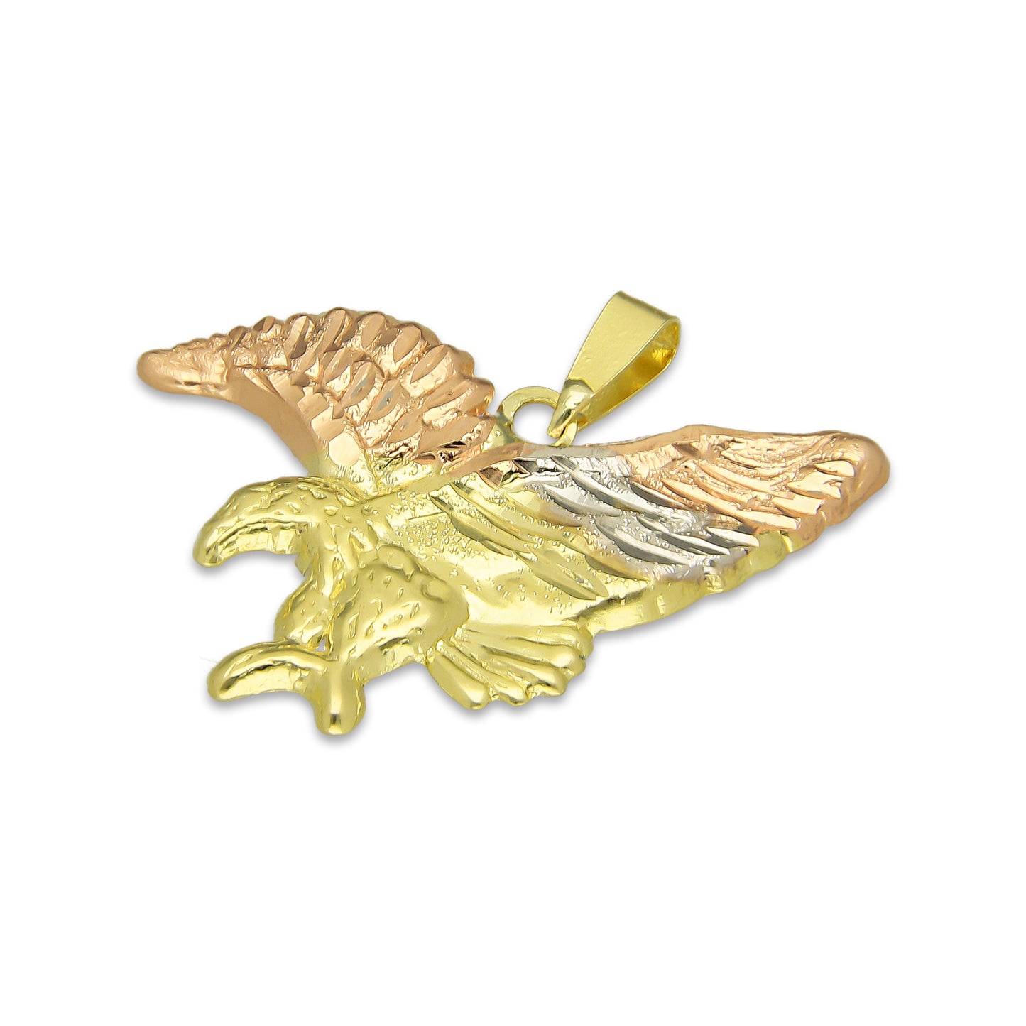 MR14DJ126 Dije Oro Sólido 14K Águila Troquelada Diamantada Florentino 2.8 cm x 2.3 cm