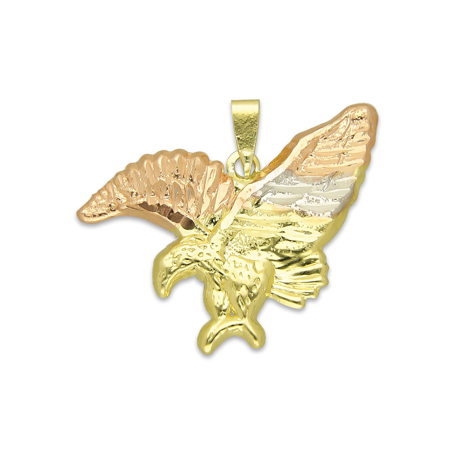 MR14DJ126 Dije Oro Sólido 14K Águila Troquelada Diamantada Florentino 2.8 cm x 2.3 cm