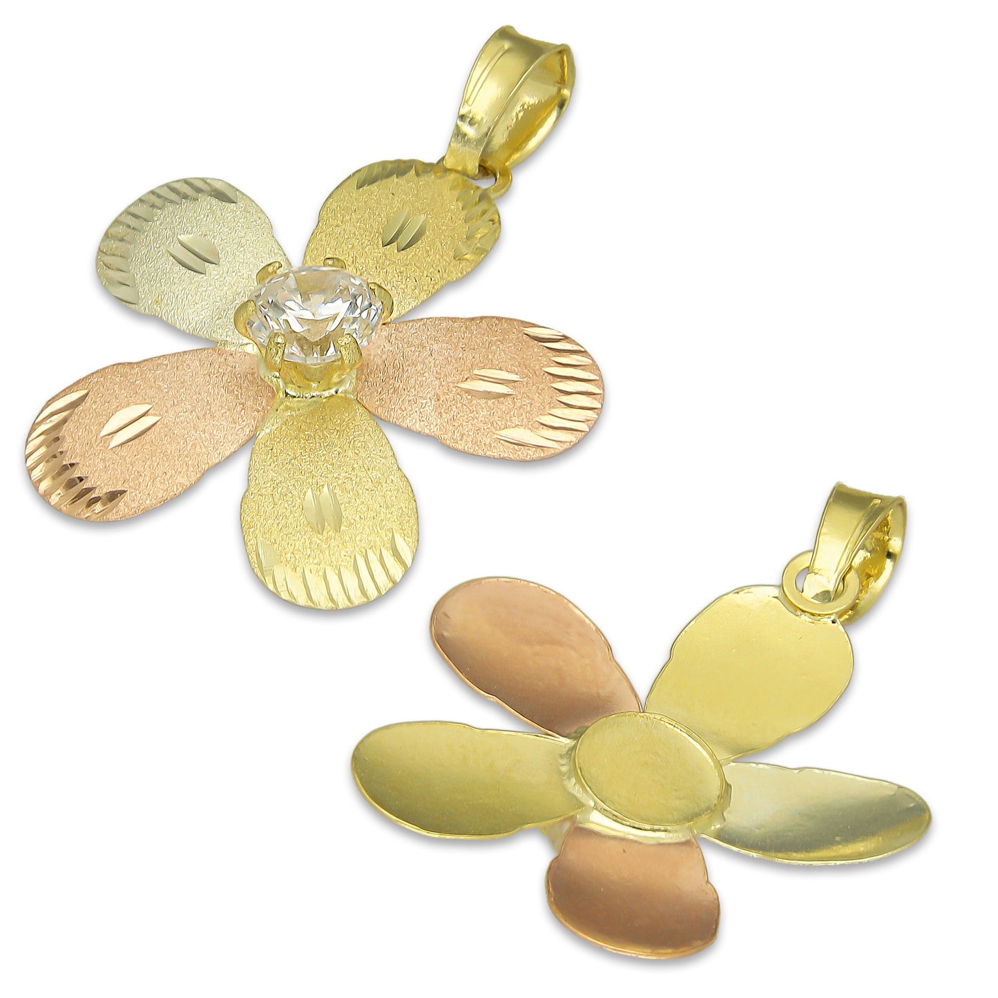 MR14DJ127 Dije Oro Sólido 14K Flor 5 Pétalos con Zirconia Diamantada Florentino 2.1 cm x 2.9 cm