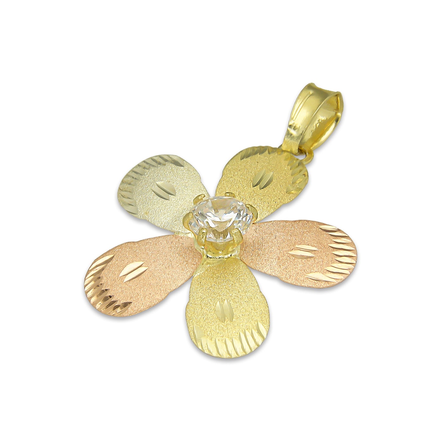 MR14DJ127 Dije Oro Sólido 14K Flor 5 Pétalos con Zirconia Diamantada Florentino 2.1 cm x 2.9 cm