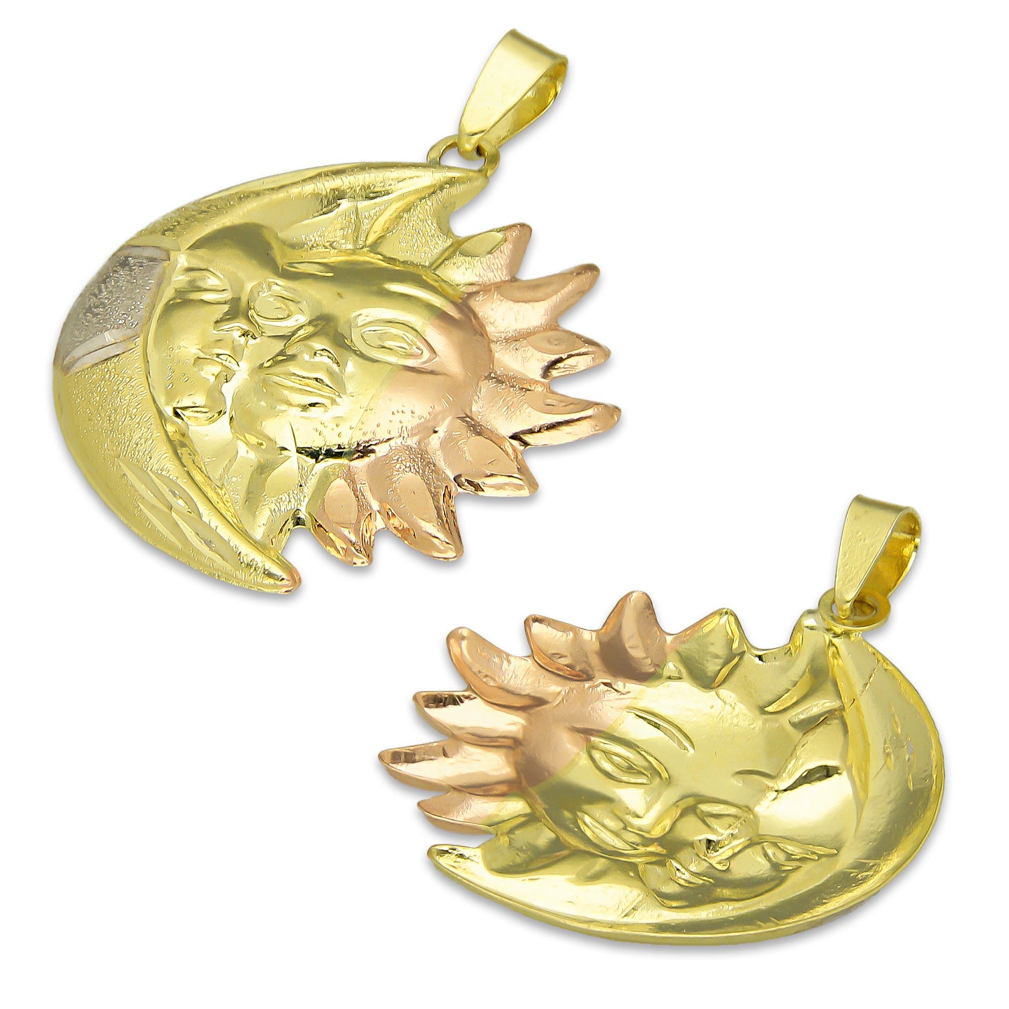 MR14DJ128 Dije Oro Sólido 14K Eclipse Sol y Luna Troquelado Diamantado Florentino 2.3 cm x 2.9 cm