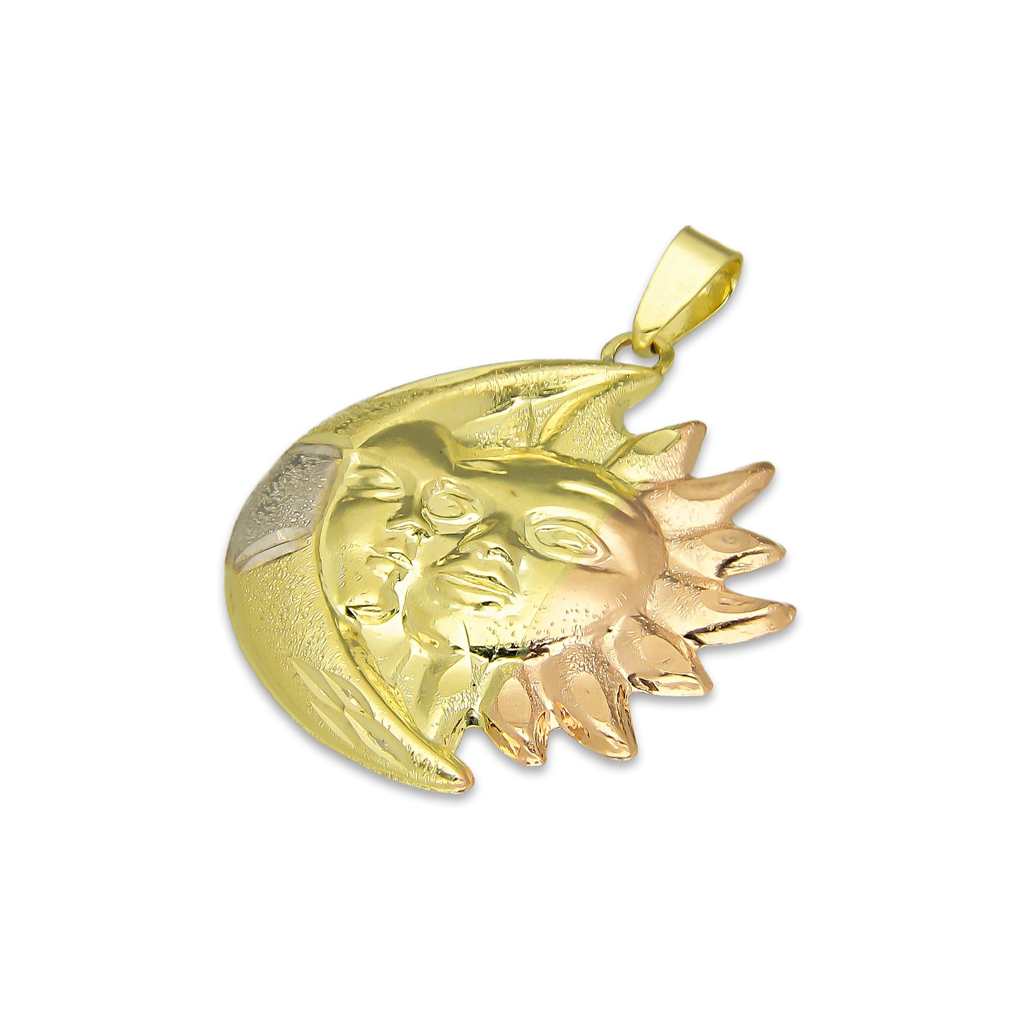 MR14DJ128 Dije Oro Sólido 14K Eclipse Sol y Luna Troquelado Diamantado Florentino 2.3 cm x 2.9 cm