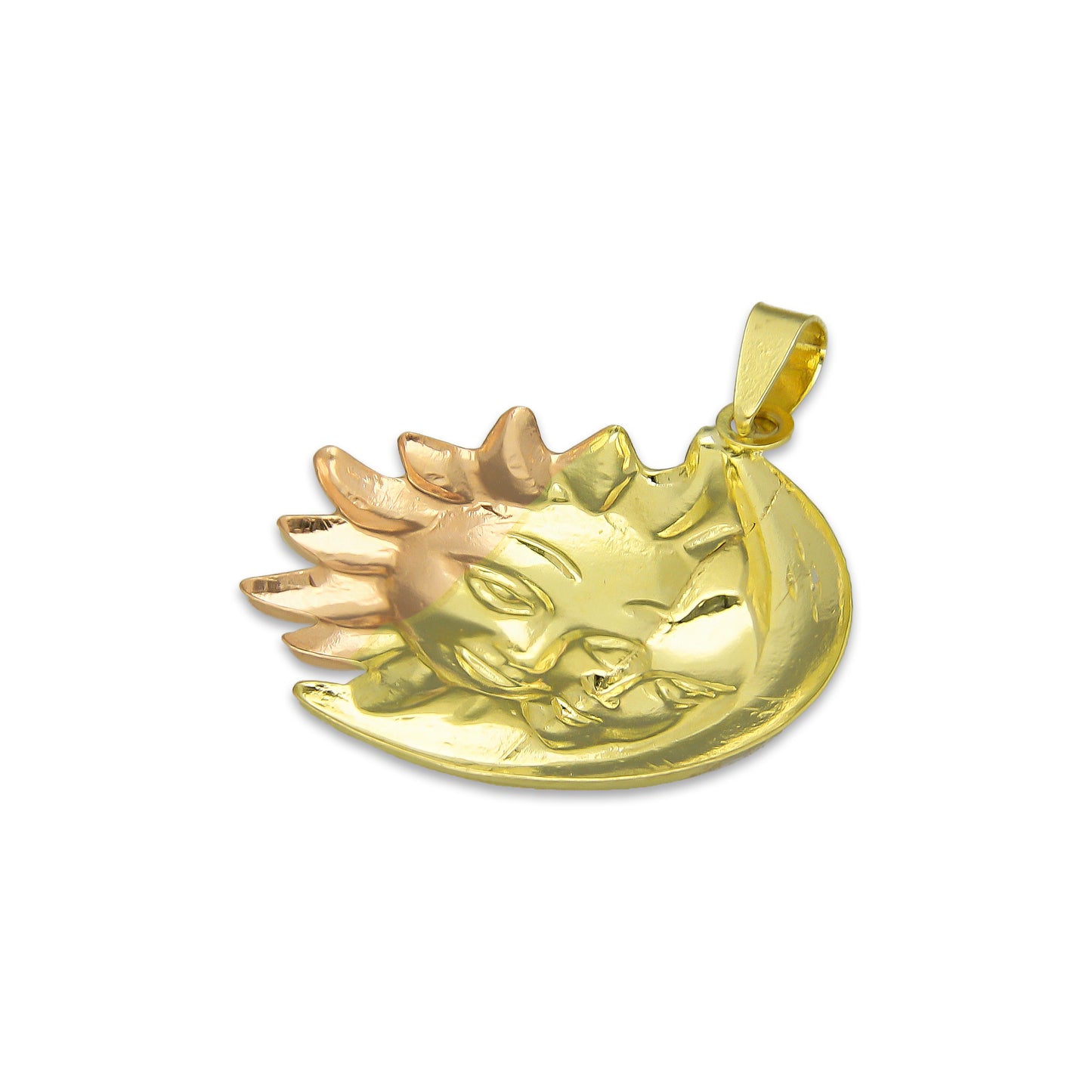 MR14DJ128 Dije Oro Sólido 14K Eclipse Sol y Luna Troquelado Diamantado Florentino 2.3 cm x 2.9 cm