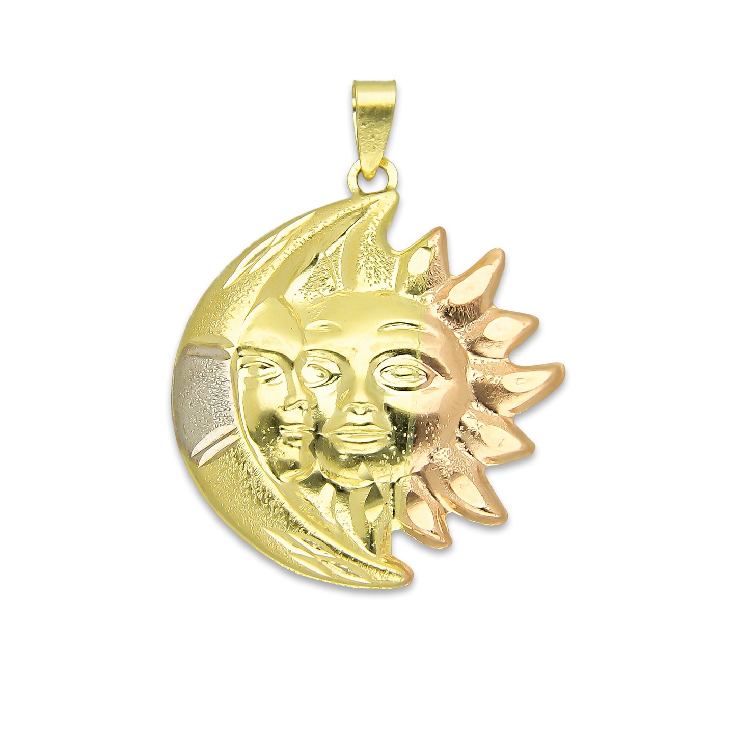 MR14DJ128 Dije Oro Sólido 14K Eclipse Sol y Luna Troquelado Diamantado Florentino 2.3 cm x 2.9 cm