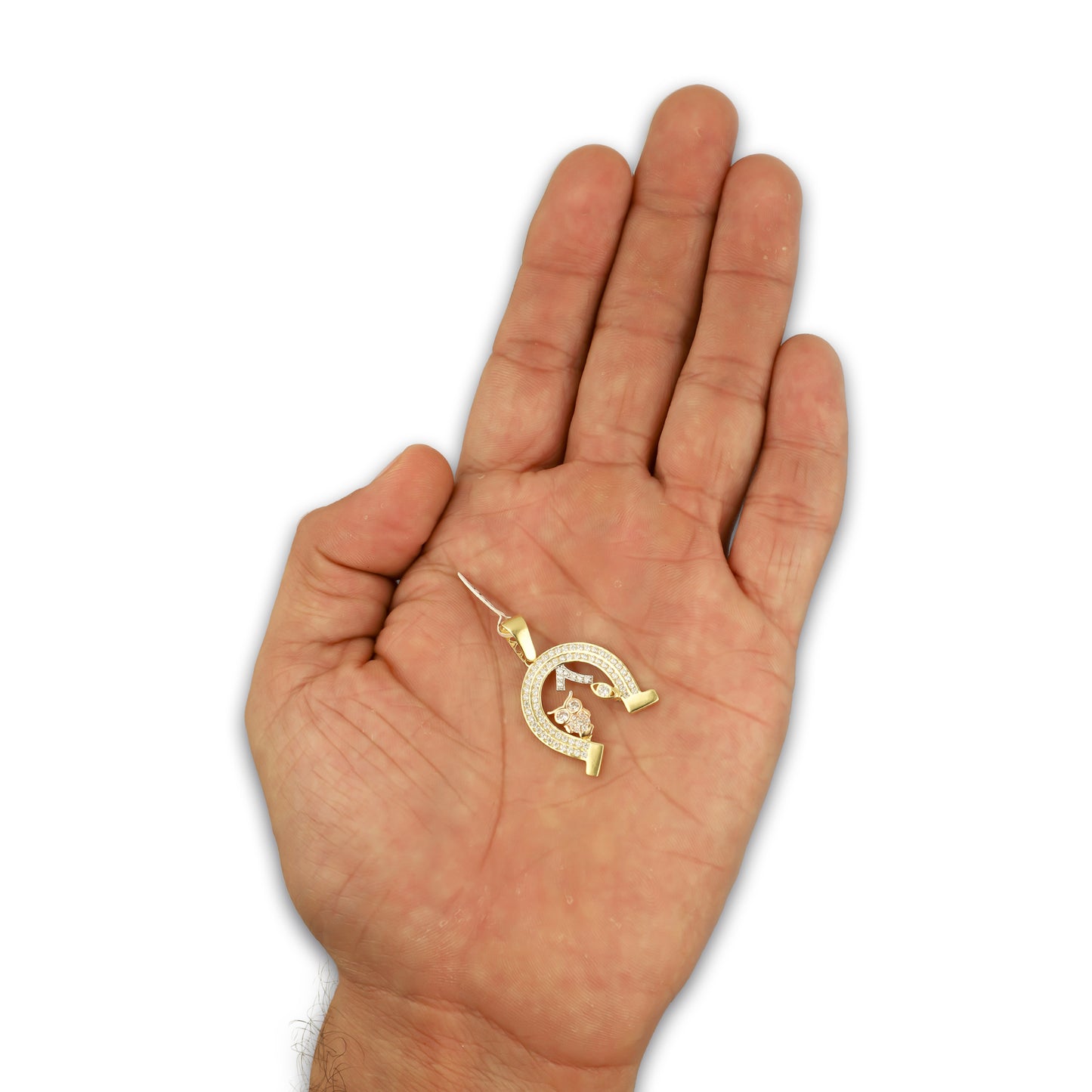 MR14DJ163 Dije Oro Sólido 14K EM Herradura de la Suerte con Zirconias 1.9 cm x 3 cm